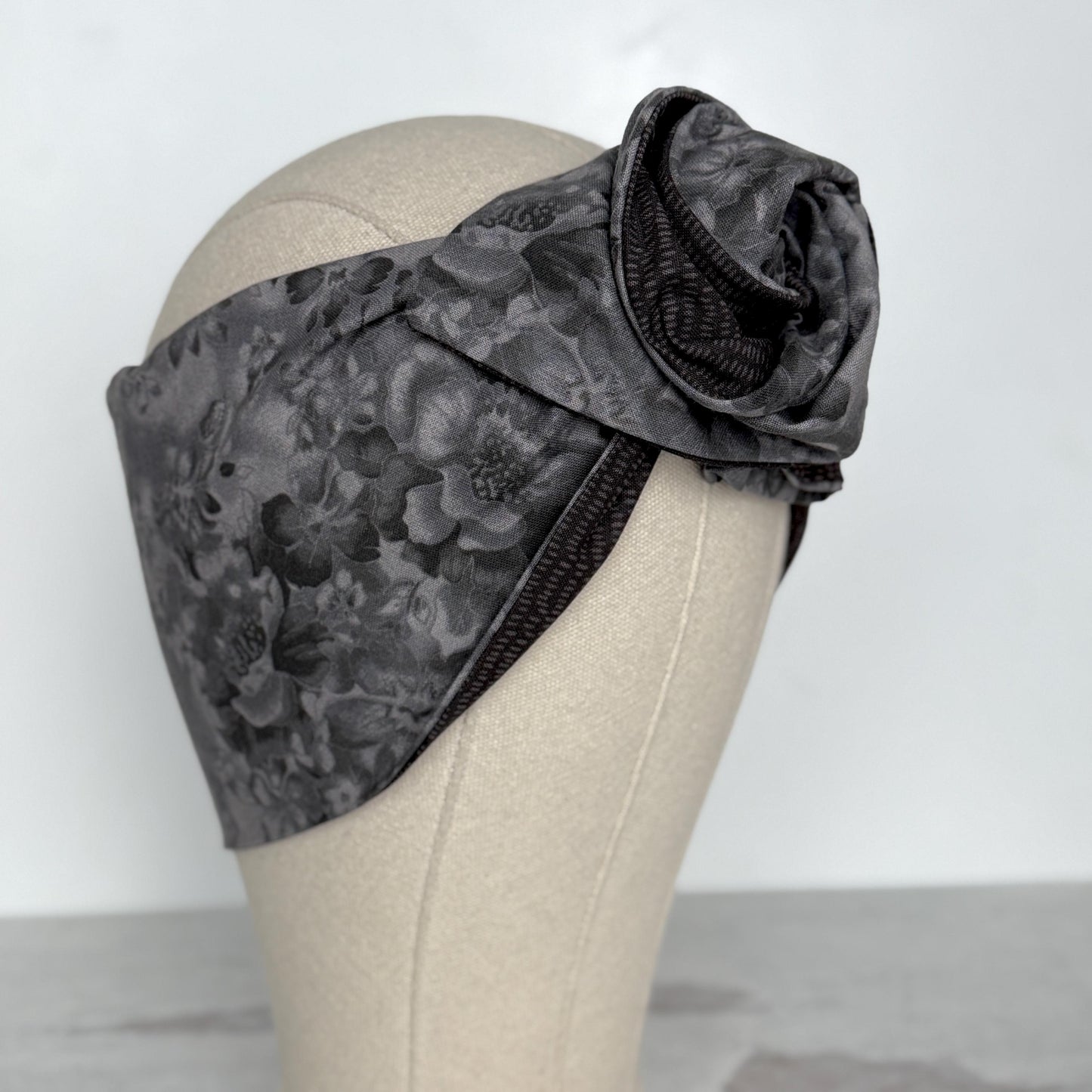 Extra Wide Reversible BENDABLE Wire Headband, Elegant Black Grey Floral Print, Winter Wired Head Wrap, Turban Accessories, Head Scarf