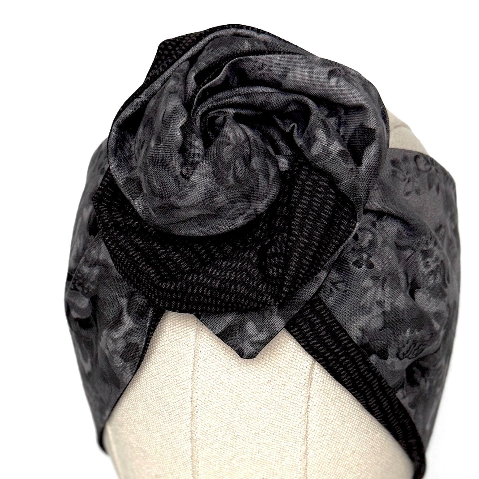 Extra Wide Reversible BENDABLE Wire Headband, Elegant Black Grey Floral Print, Winter Wired Head Wrap, Turban Accessories, Head Scarf