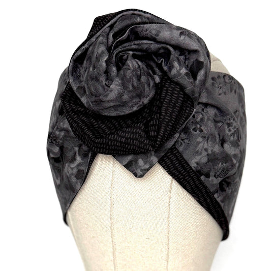 Extra Wide Reversible BENDABLE Wire Headband, Elegant Black Grey Floral Print, Winter Wired Head Wrap, Turban Accessories, Head Scarf