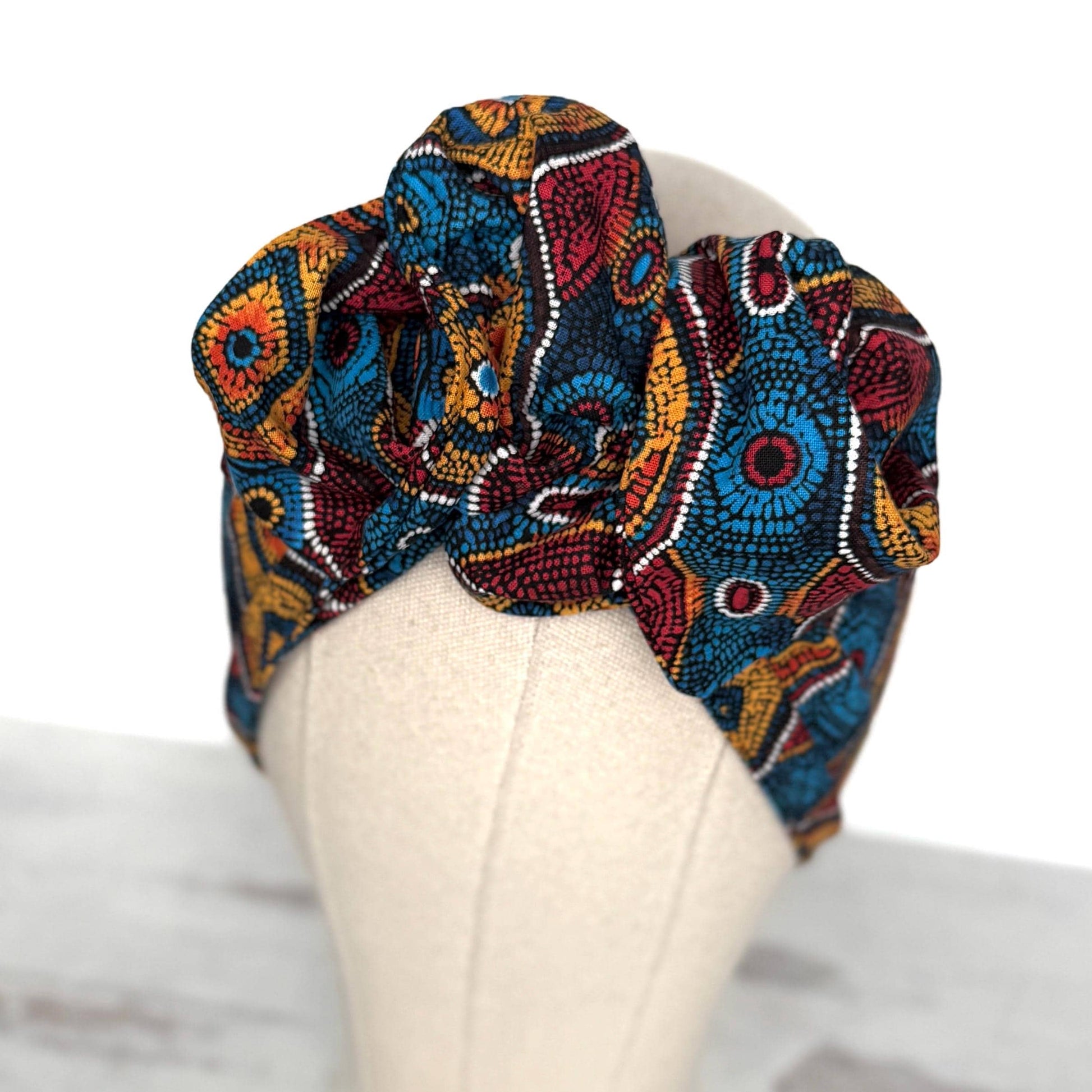 Extra Wide Adjustable Wire Headband, Red Blue Yellow Tribal Print, Boho Wired Headband, Fabric Head Wrap, Turban, Gift idea, Bendable Scarf