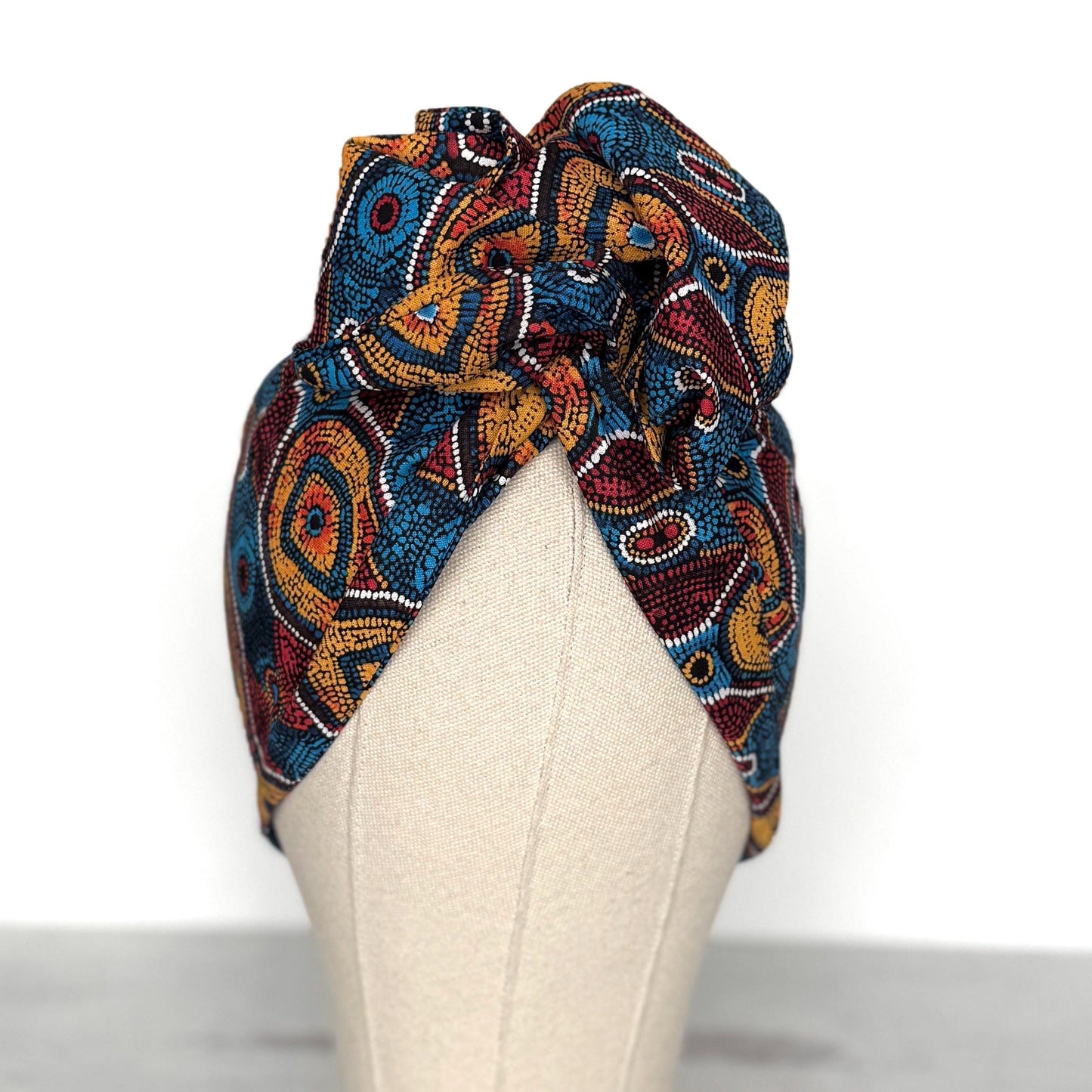 Extra Wide Adjustable Wire Headband, Red Blue Yellow Tribal Print, Boho Wired Headband, Fabric Head Wrap, Turban, Gift idea, Bendable Scarf