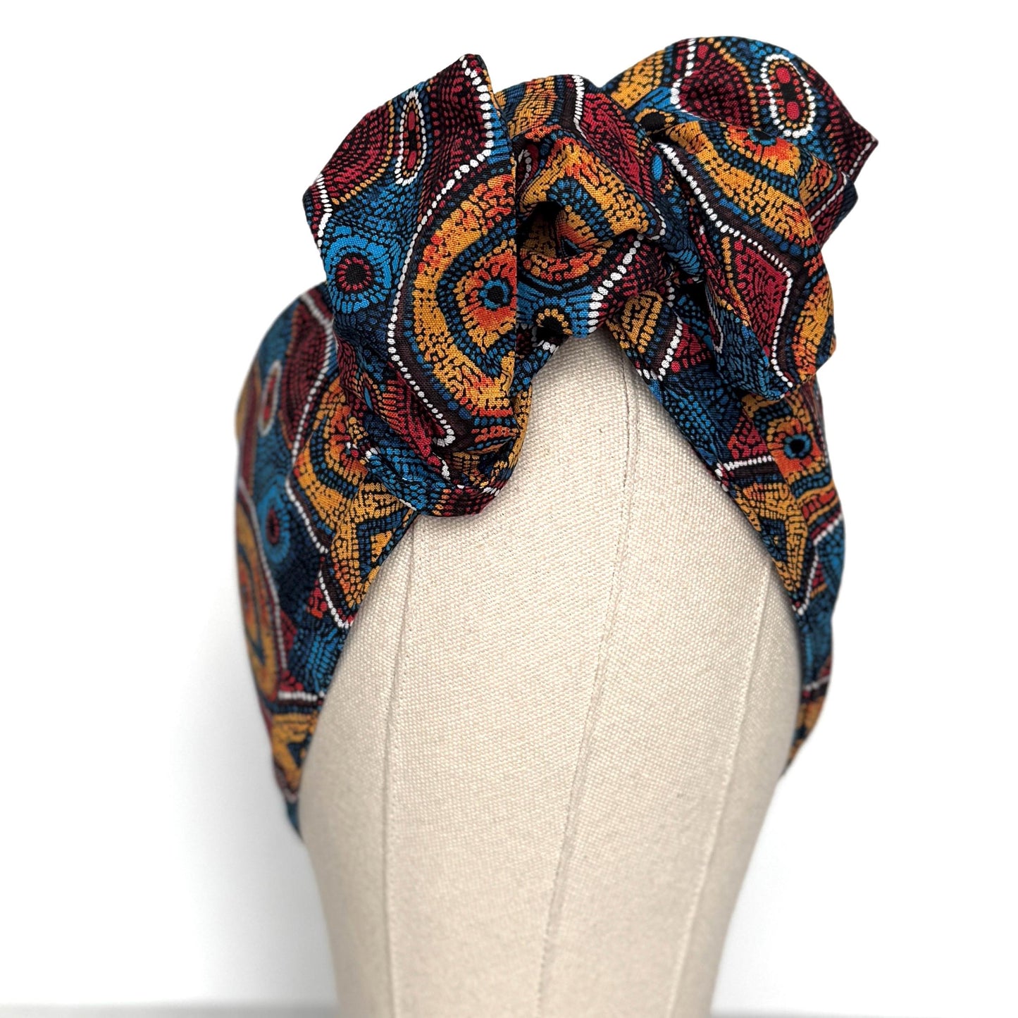 Extra Wide Adjustable Wire Headband, Red Blue Yellow Tribal Print, Boho Wired Headband, Fabric Head Wrap, Turban, Gift idea, Bendable Scarf