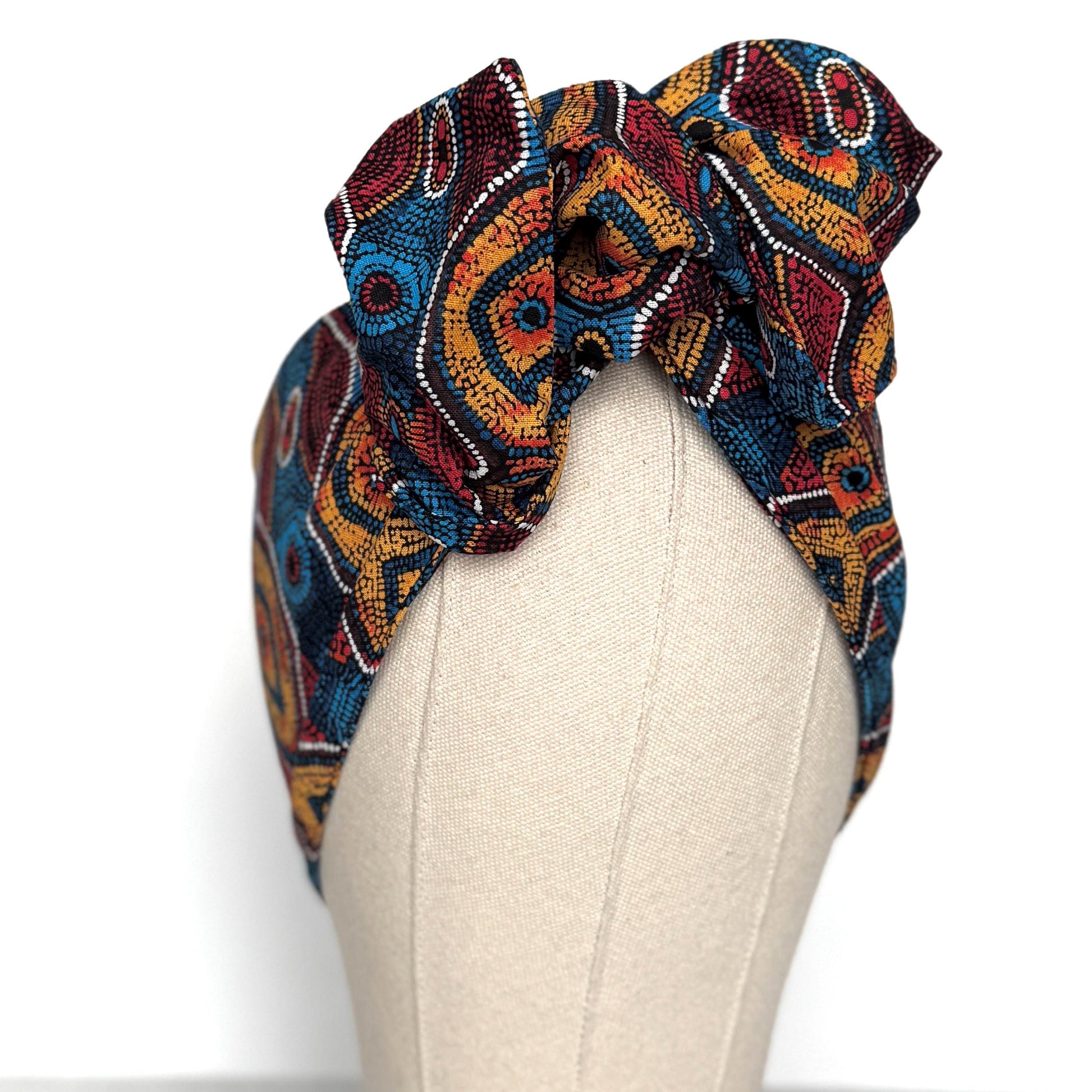 Extra Wide Adjustable Wire Headband, Red Blue Yellow Tribal Print, Boho Wired Headband, Fabric Head Wrap, Turban, Gift idea, Bendable Scarf