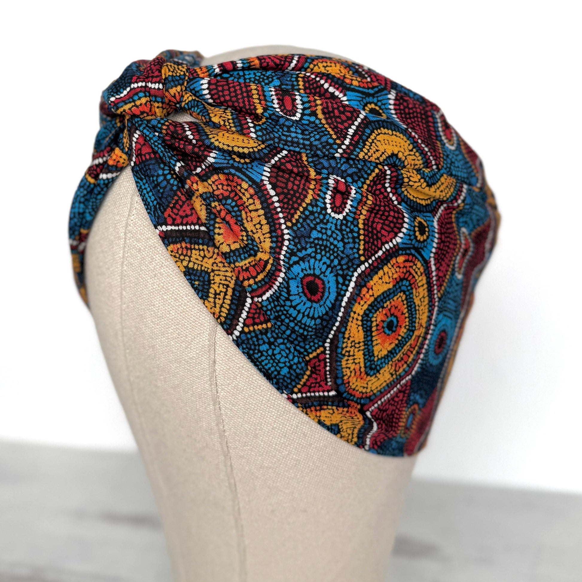Extra Wide Adjustable Wire Headband, Red Blue Yellow Tribal Print, Boho Wired Headband, Fabric Head Wrap, Turban, Gift idea, Bendable Scarf
