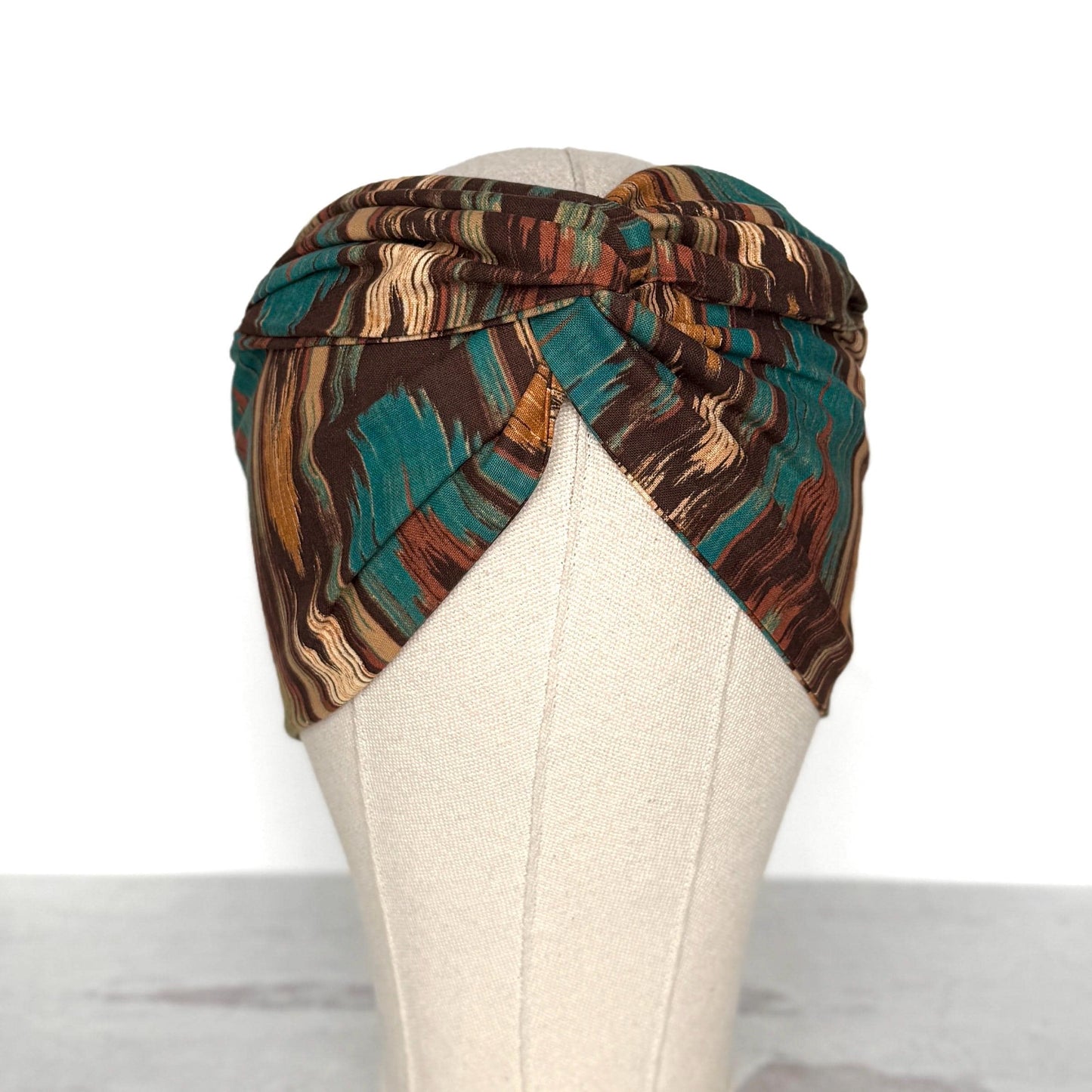 Extra Wide Adjustable Wire Headband, Brown Teal Fall Tribal Print, Boho Wired Headband, Fabric Head Wrap, Turban, Gift idea, Bendable Scarf