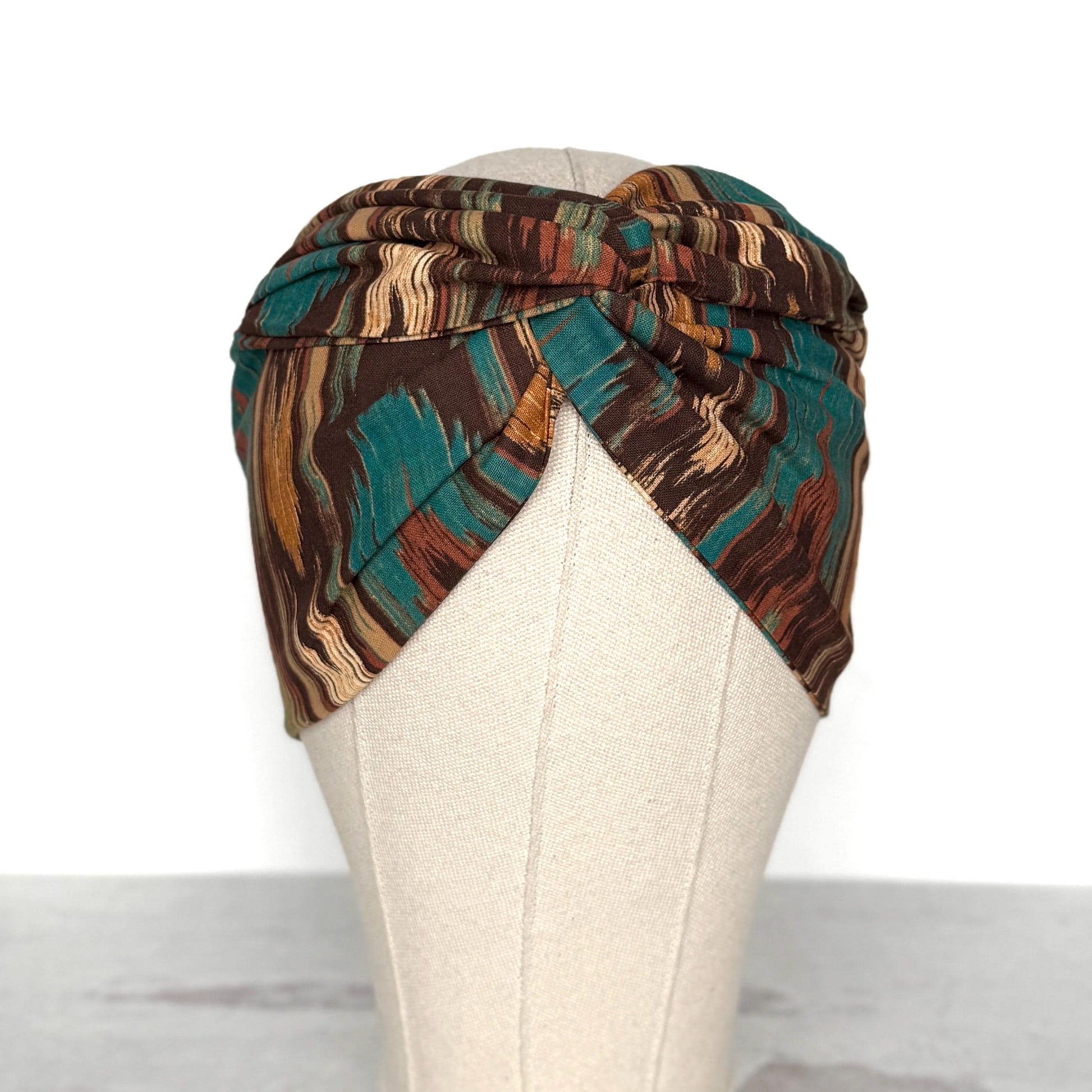Extra Wide Adjustable Wire Headband, Brown Teal Fall Tribal Print, Boho Wired Headband, Fabric Head Wrap, Turban, Gift idea, Bendable Scarf