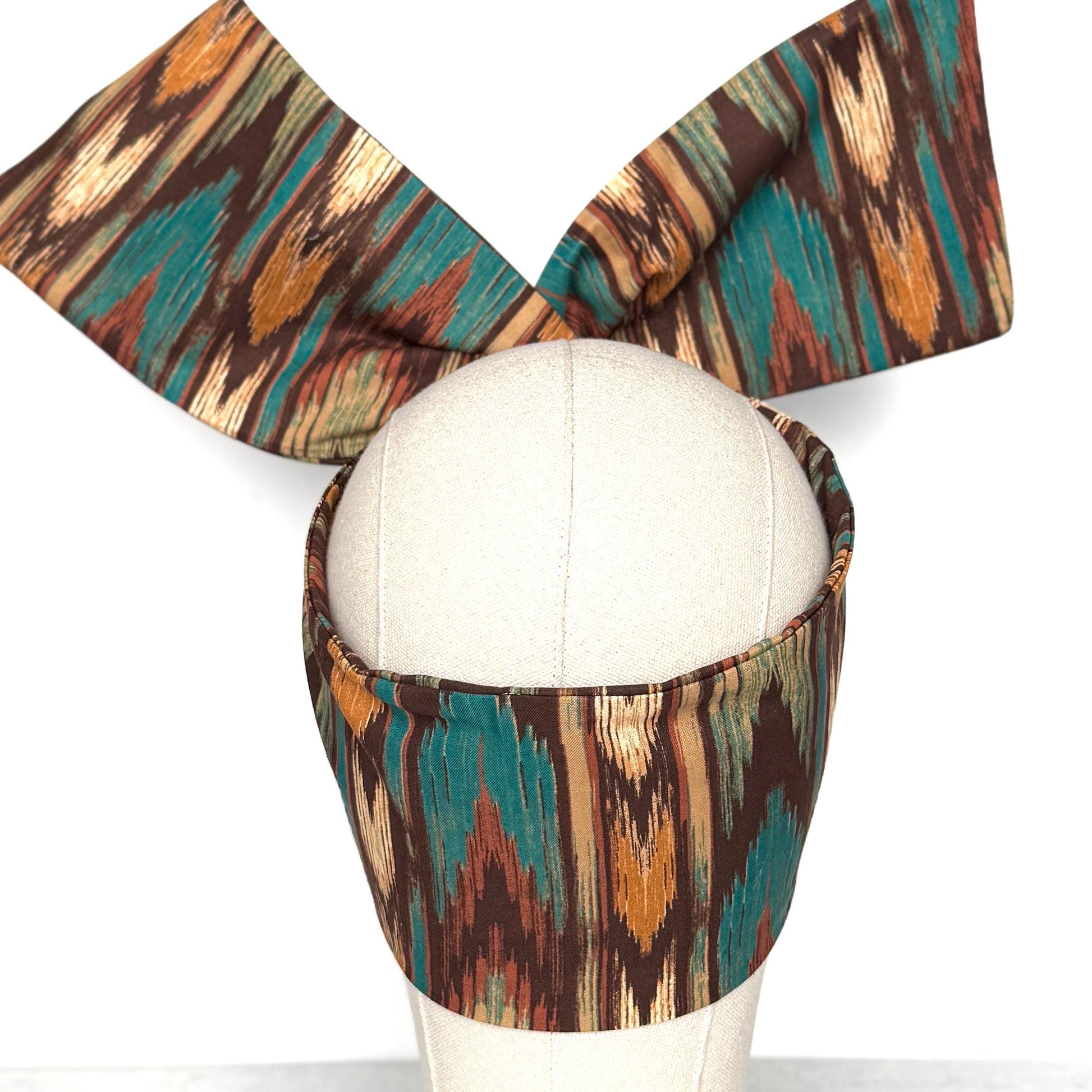 Extra Wide Adjustable Wire Headband, Brown Teal Fall Tribal Print, Boho Wired Headband, Fabric Head Wrap, Turban, Gift idea, Bendable Scarf