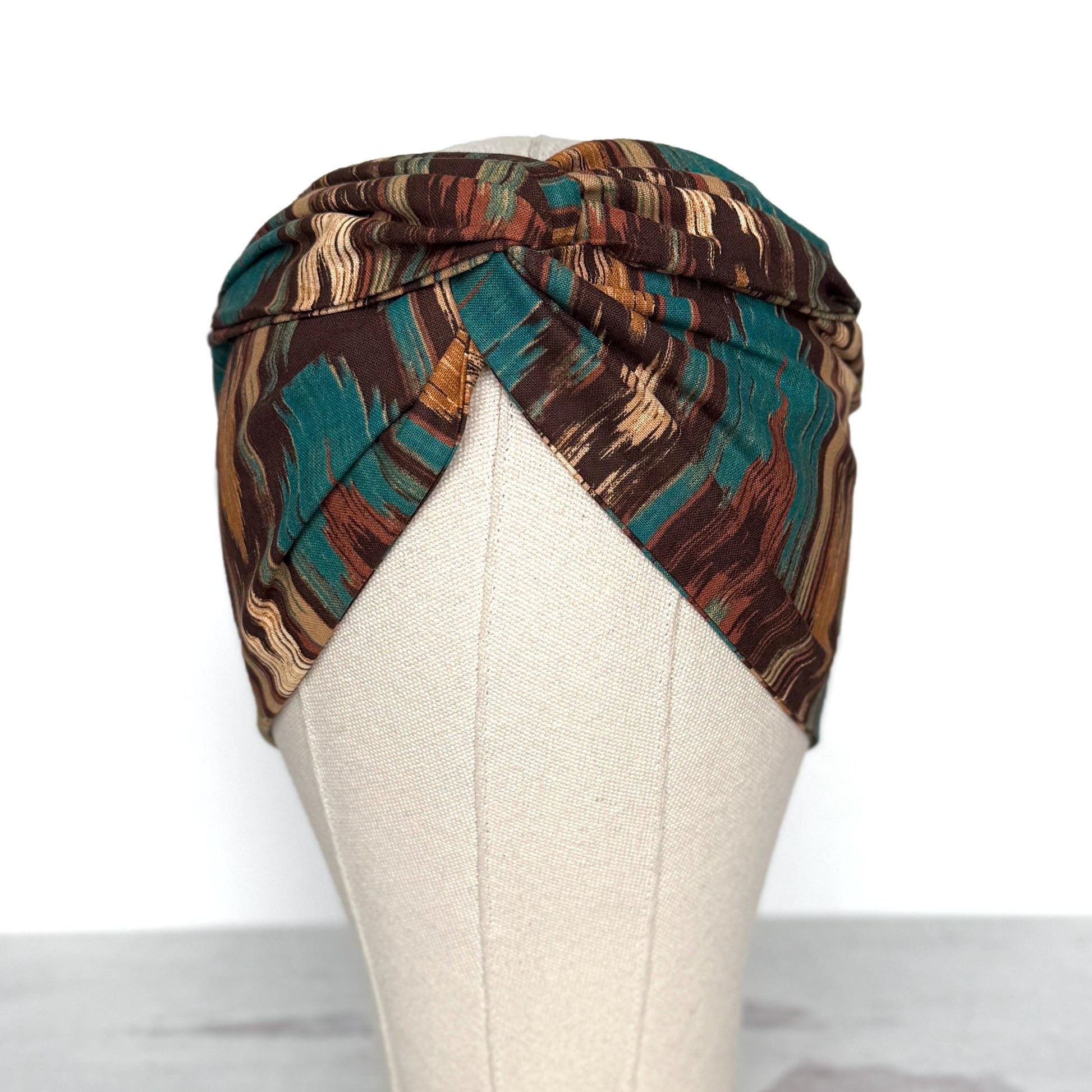 Extra Wide Adjustable Wire Headband, Brown Teal Fall Tribal Print, Boho Wired Headband, Fabric Head Wrap, Turban, Gift idea, Bendable Scarf