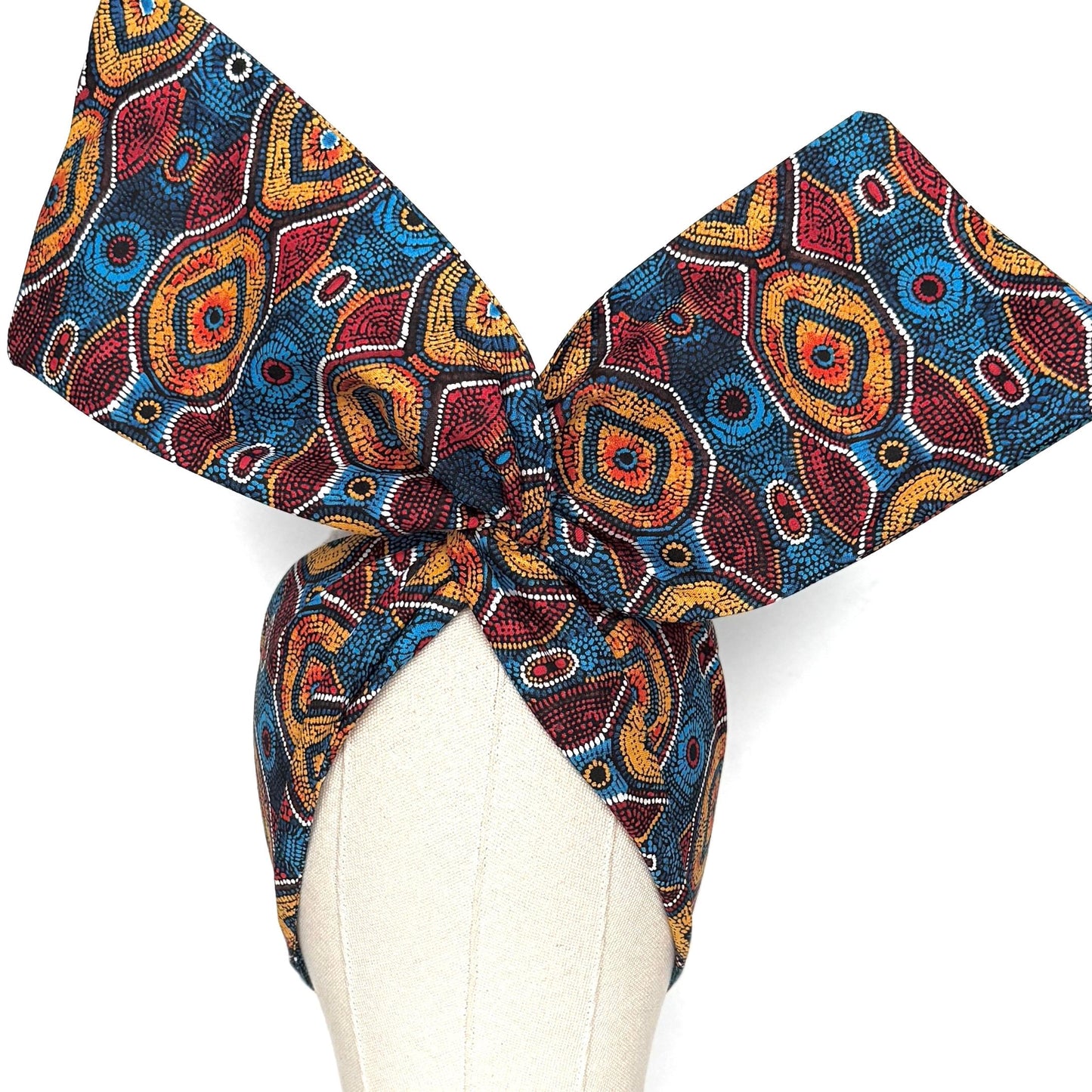 Extra Wide Adjustable Wire Headband, Red Blue Yellow Tribal Print, Boho Wired Headband, Fabric Head Wrap, Turban, Gift idea, Bendable Scarf