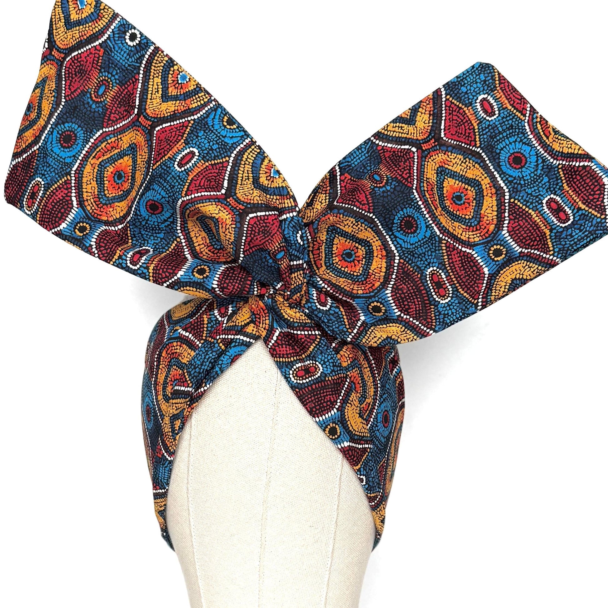Extra Wide Adjustable Wire Headband, Red Blue Yellow Tribal Print, Boho Wired Headband, Fabric Head Wrap, Turban, Gift idea, Bendable Scarf