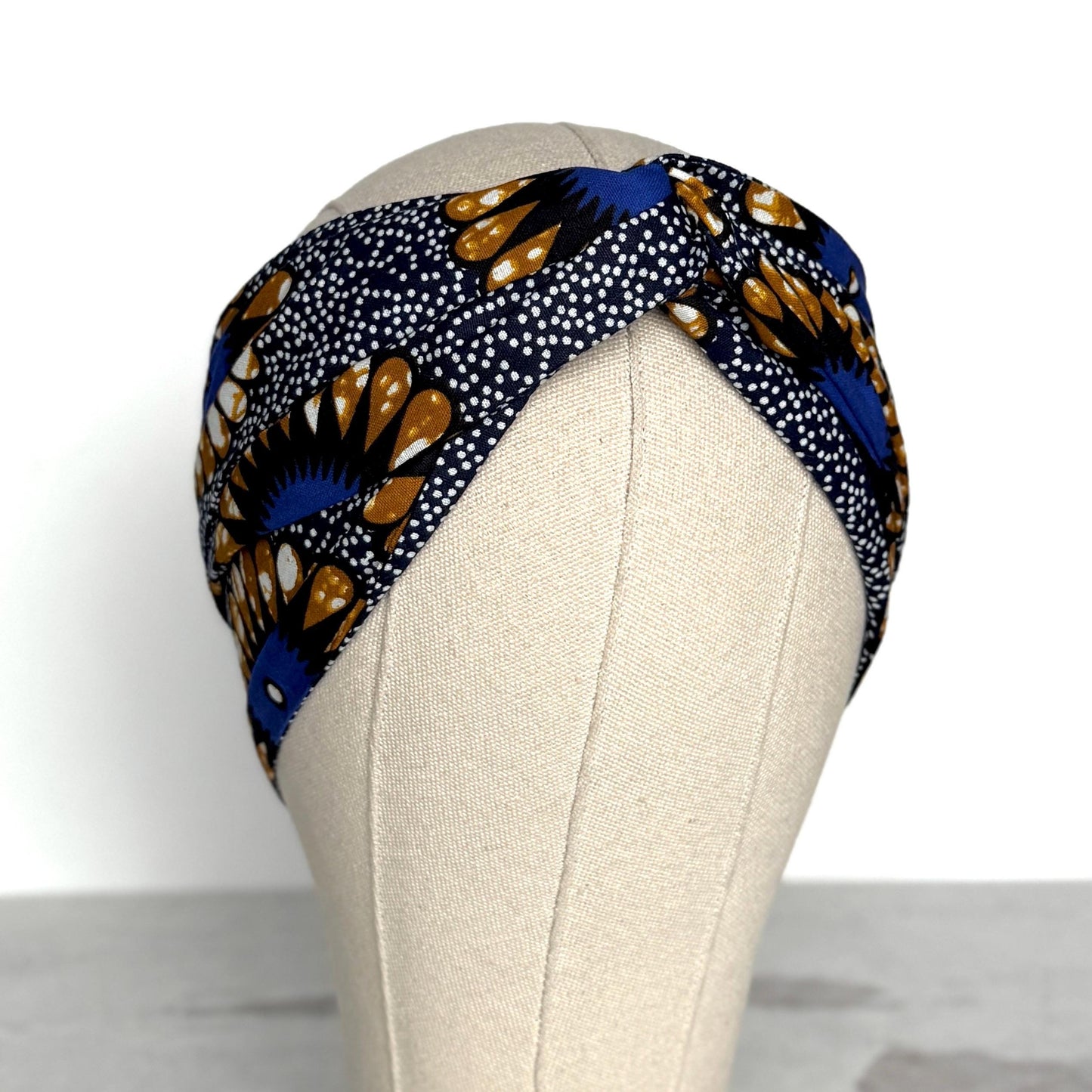 Extra Long Wide Adjustable Wire Wrap Navy White Brown Ankara Print Headband, Wired Tribal African Fabric Head Wrap, Accessories, Turban
