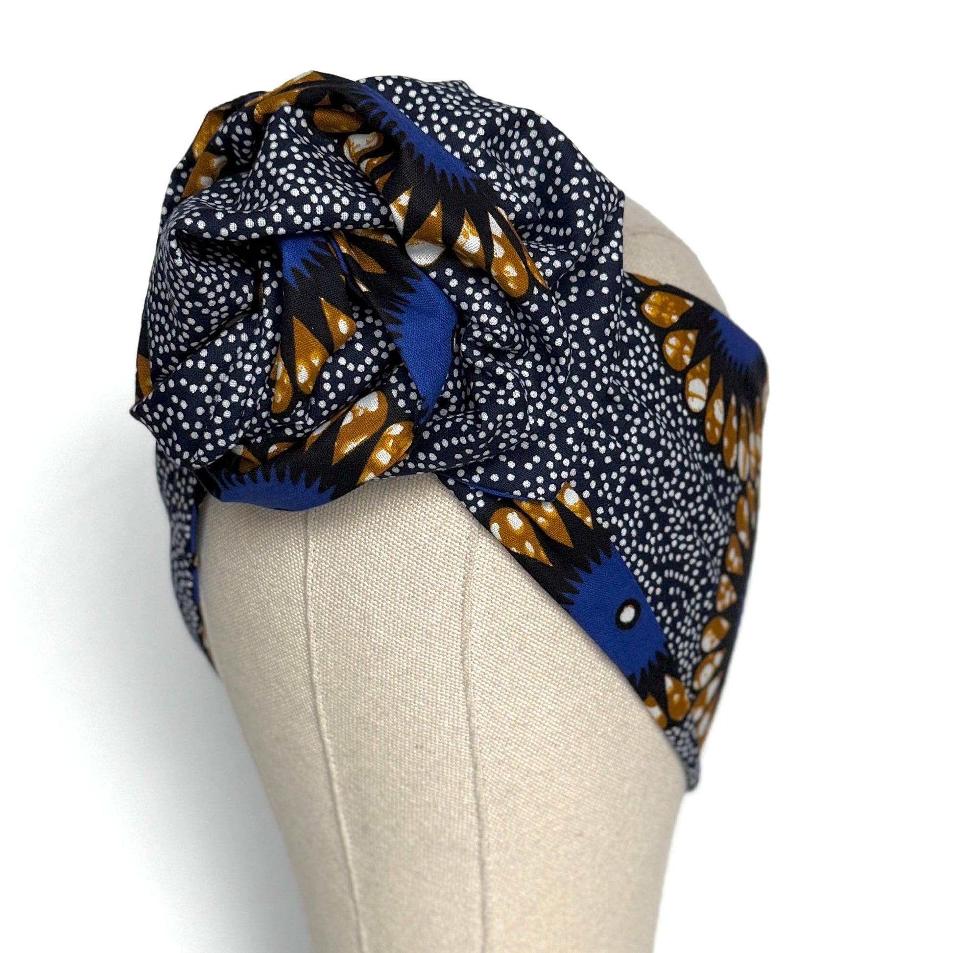 Extra Long Wide Adjustable Wire Wrap Navy White Brown Ankara Print Headband, Wired Tribal African Fabric Head Wrap, Accessories, Turban