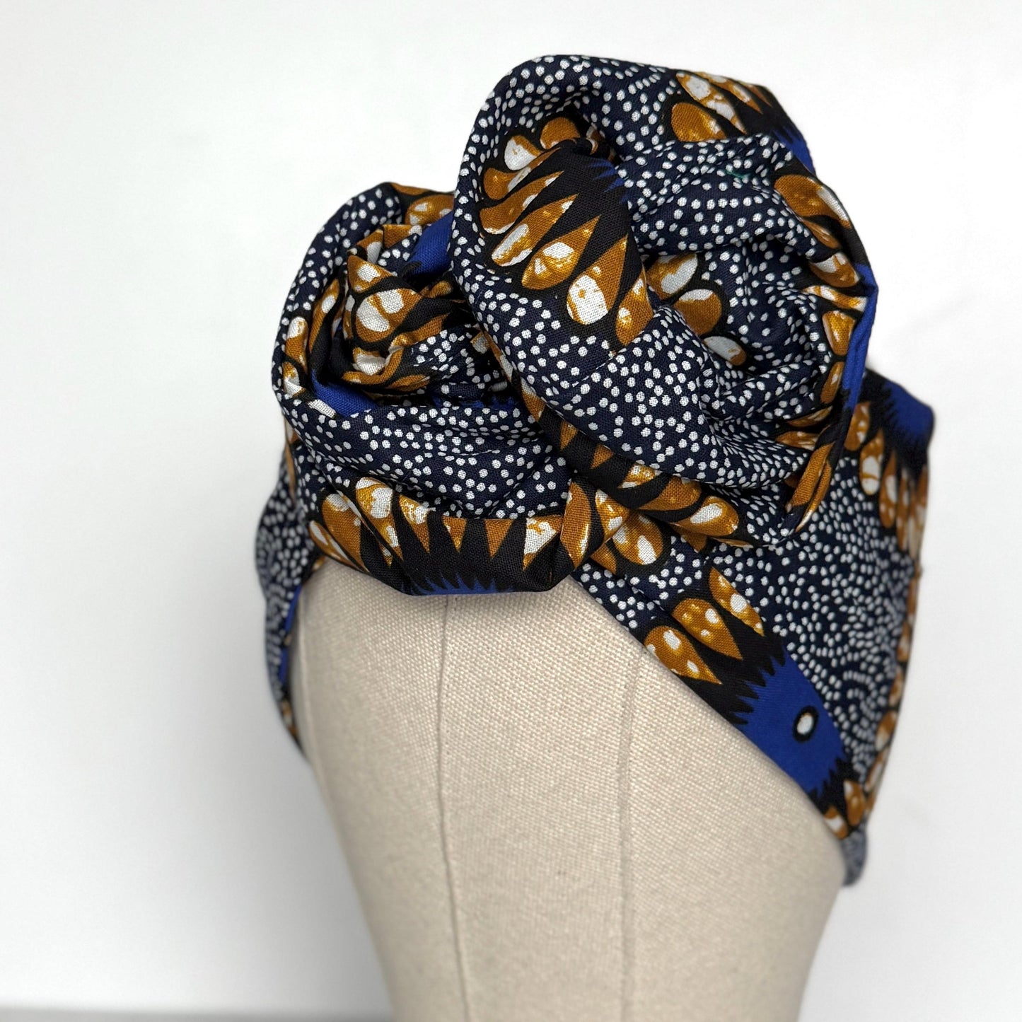 Extra Long Wide Adjustable Wire Wrap Navy White Brown Ankara Print Headband, Wired Tribal African Fabric Head Wrap, Accessories, Turban