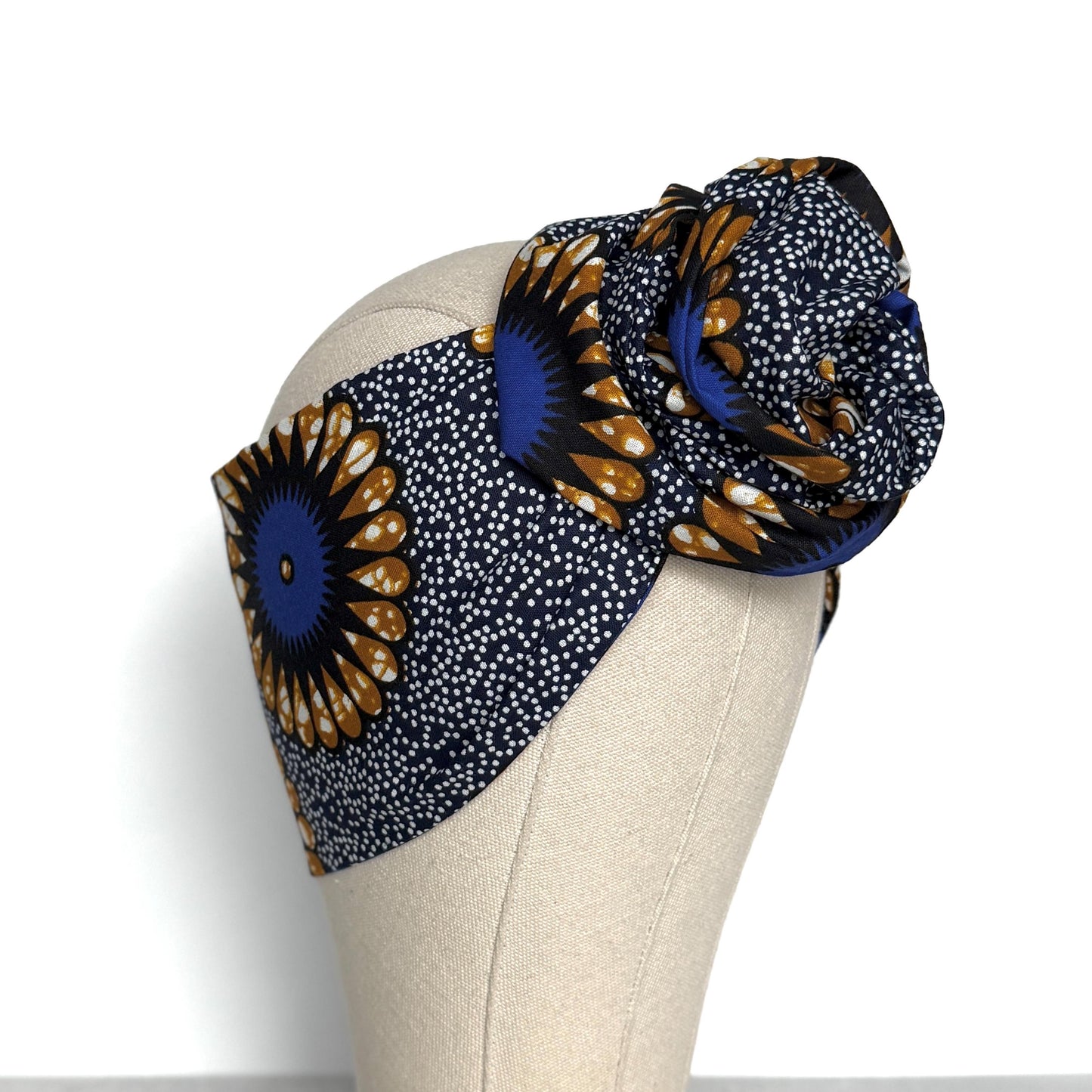 Extra Long Wide Adjustable Wire Wrap Navy White Brown Ankara Print Headband, Wired Tribal African Fabric Head Wrap, Accessories, Turban