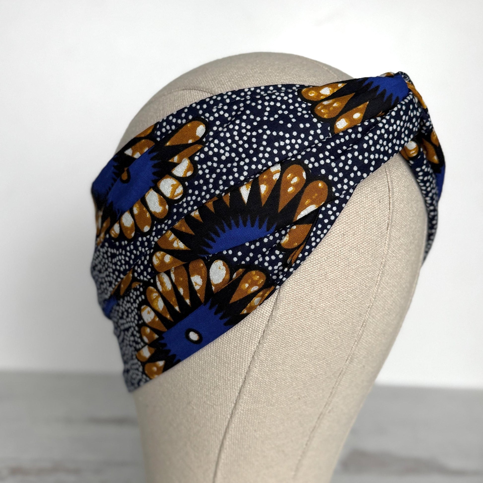 Extra Long Wide Adjustable Wire Wrap Navy White Brown Ankara Print Headband, Wired Tribal African Fabric Head Wrap, Accessories, Turban