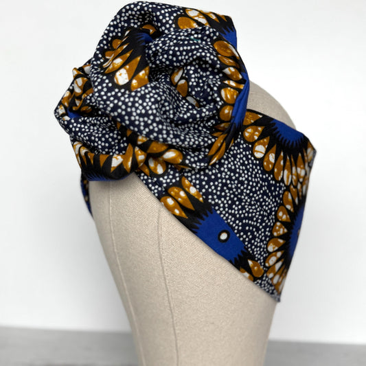 Extra Long Wide Adjustable Wire Wrap Navy White Brown Ankara Print Headband, Wired Tribal African Fabric Head Wrap, Accessories, Turban