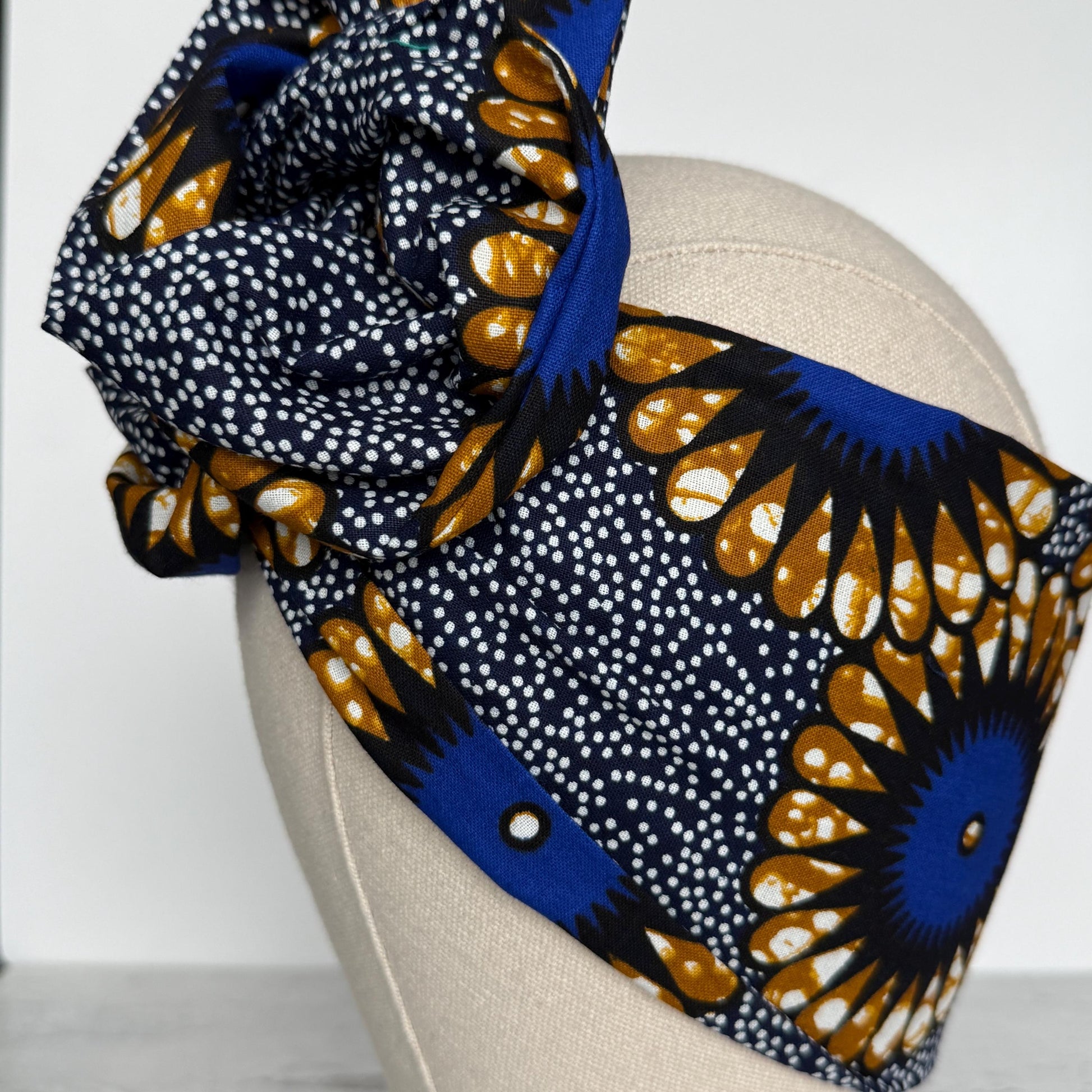 Extra Long Wide Adjustable Wire Wrap Navy White Brown Ankara Print Headband, Wired Tribal African Fabric Head Wrap, Accessories, Turban