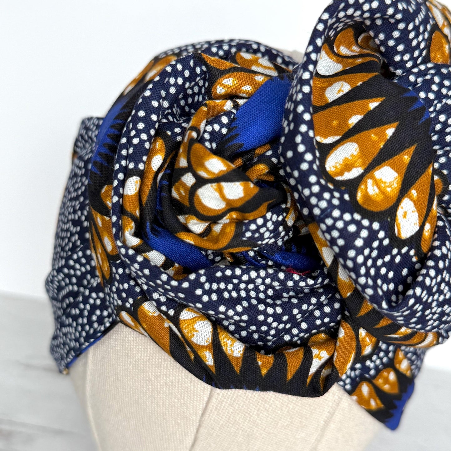 Extra Long Wide Adjustable Wire Wrap Navy White Brown Ankara Print Headband, Wired Tribal African Fabric Head Wrap, Accessories, Turban