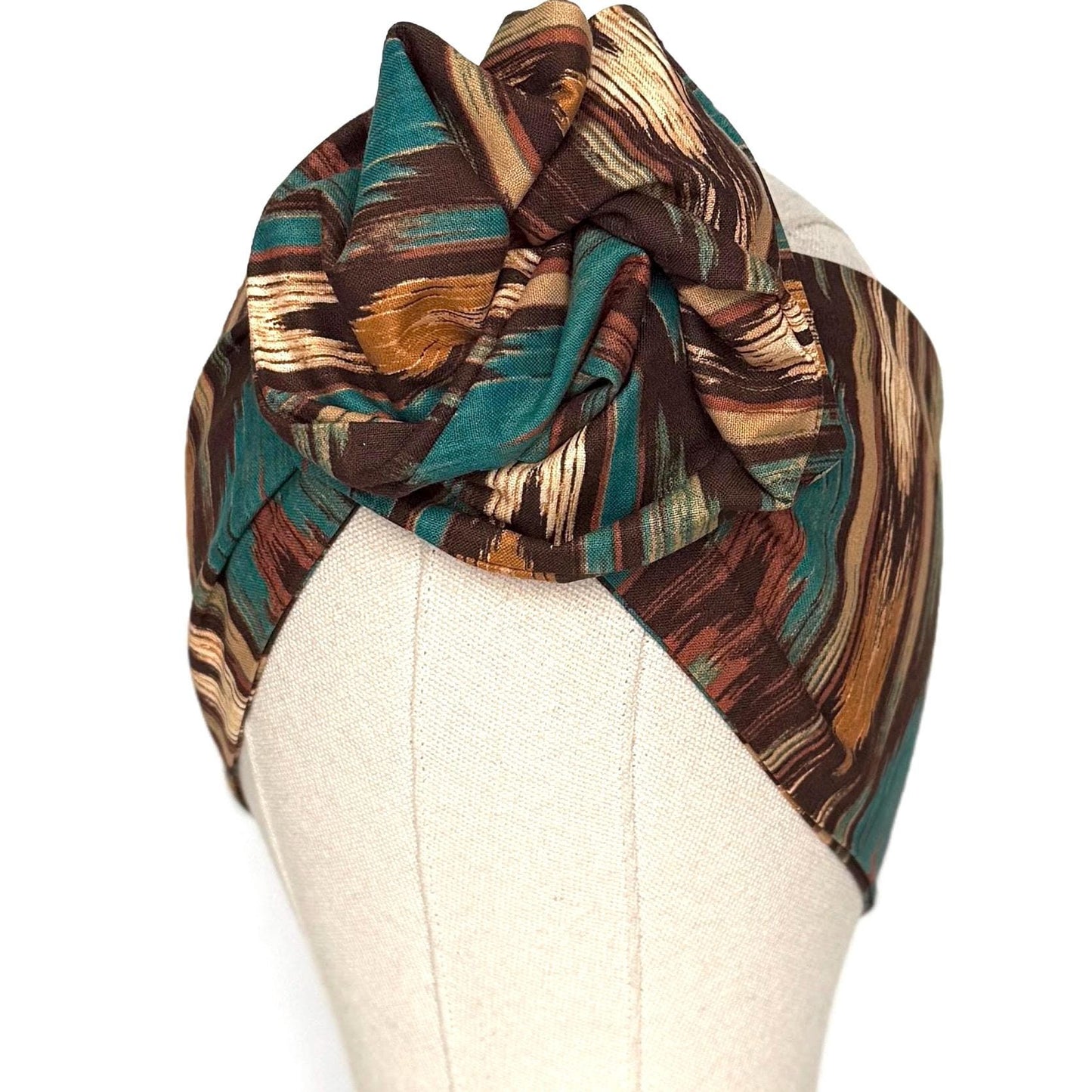 Extra Wide Adjustable Wire Headband, Brown Teal Fall Tribal Print, Boho Wired Headband, Fabric Head Wrap, Turban, Gift idea, Bendable Scarf