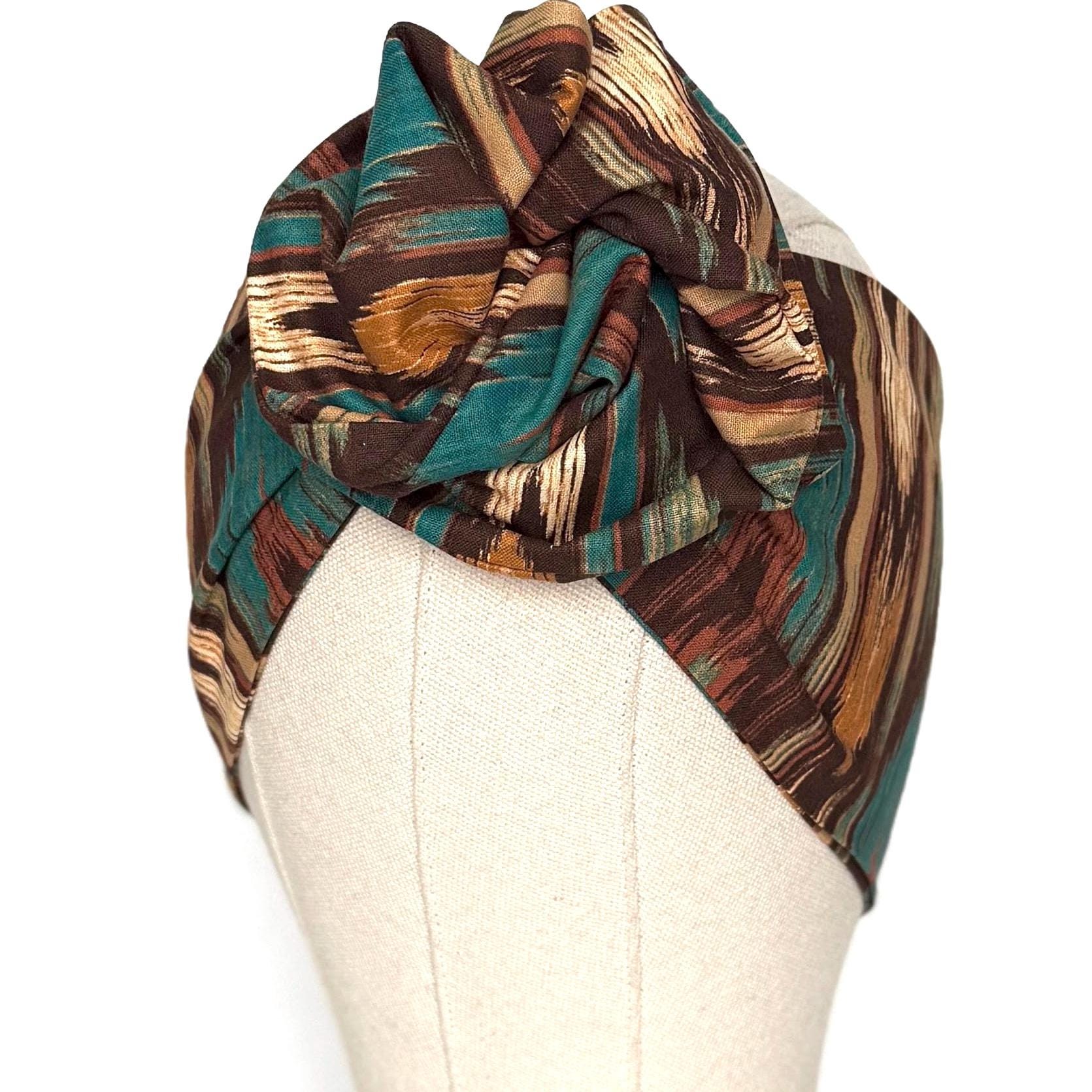 Extra Wide Adjustable Wire Headband, Brown Teal Fall Tribal Print, Boho Wired Headband, Fabric Head Wrap, Turban, Gift idea, Bendable Scarf