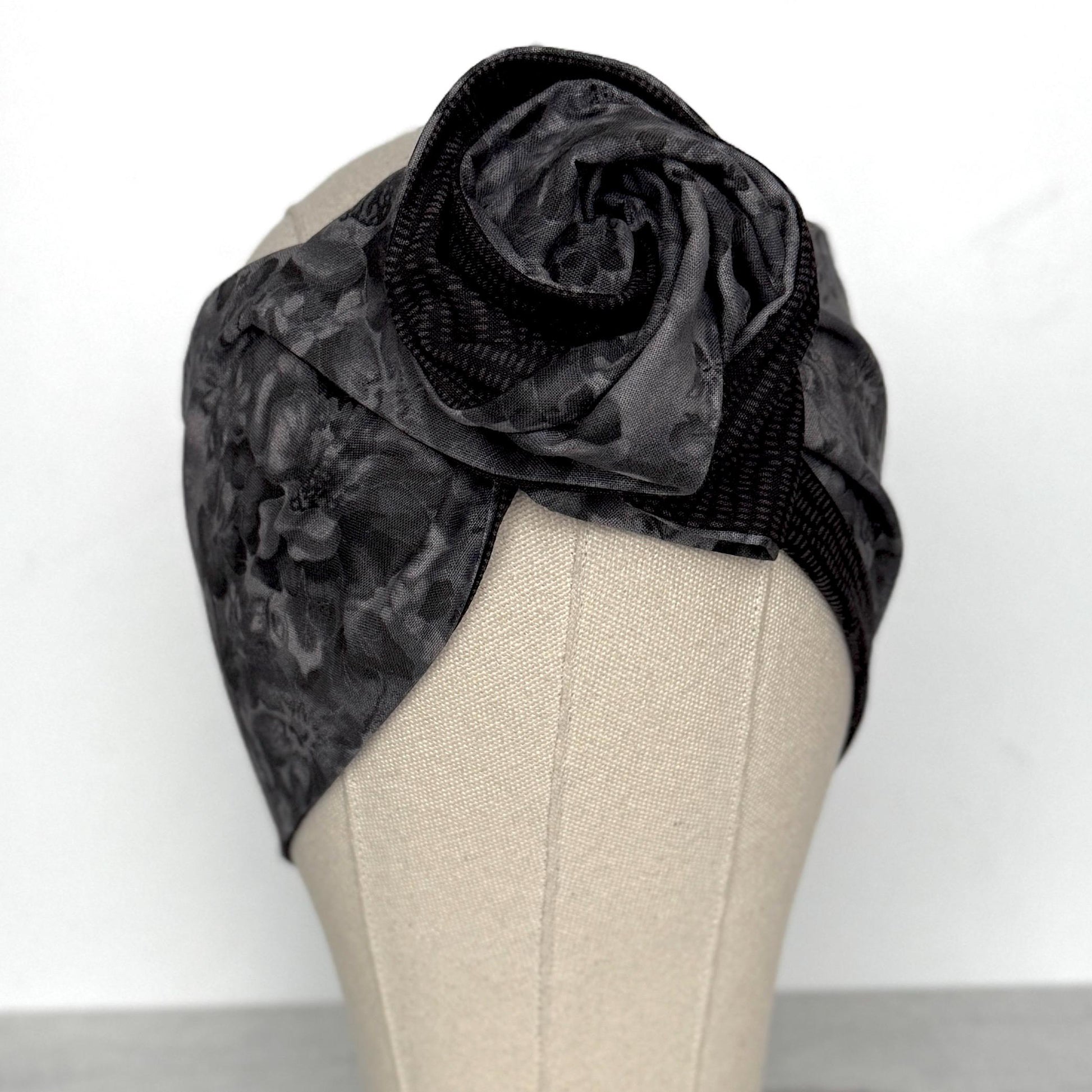 Extra Wide Reversible BENDABLE Wire Headband, Elegant Black Grey Floral Print, Winter Wired Head Wrap, Turban Accessories, Head Scarf