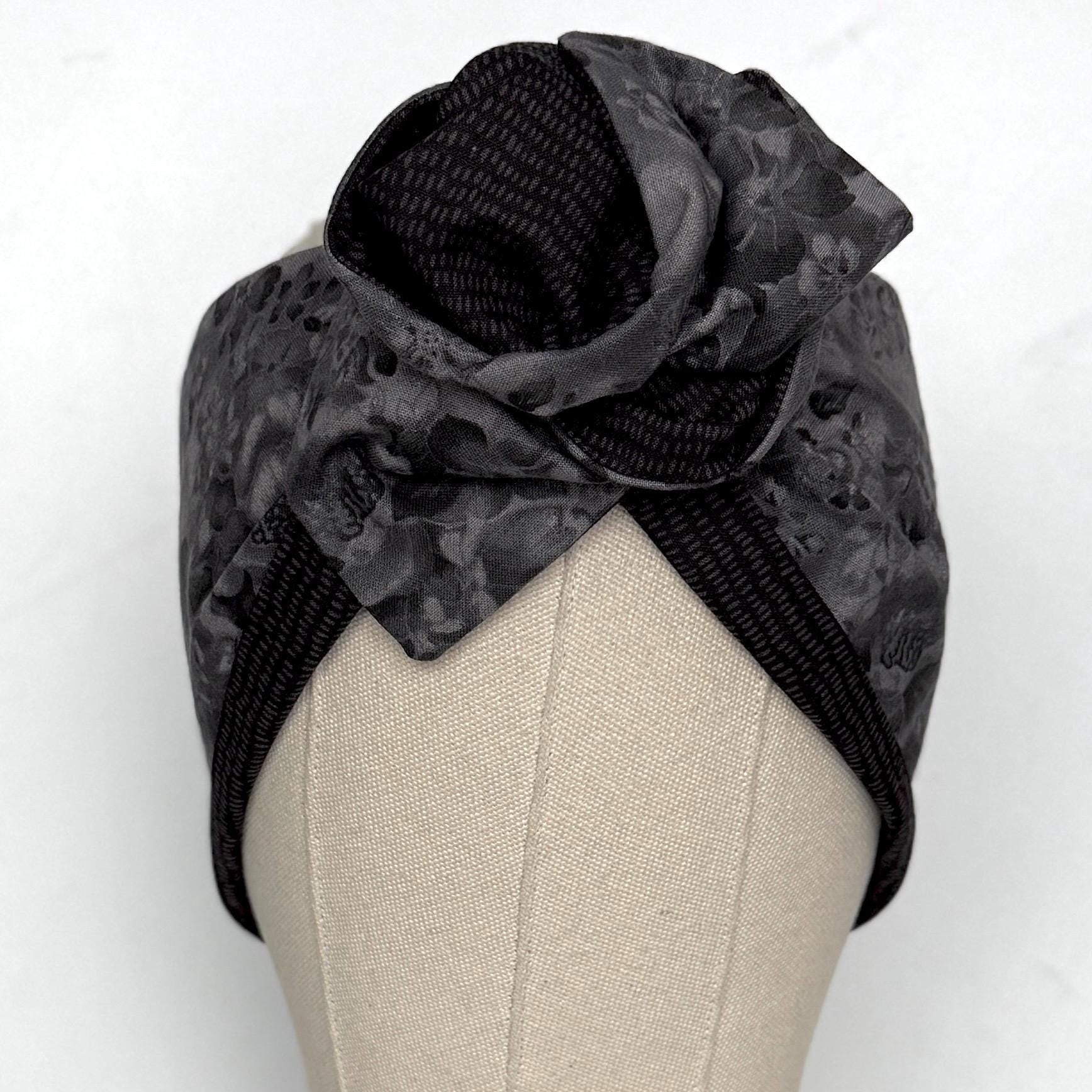 Extra Wide Reversible BENDABLE Wire Headband, Elegant Black Grey Floral Print, Winter Wired Head Wrap, Turban Accessories, Head Scarf