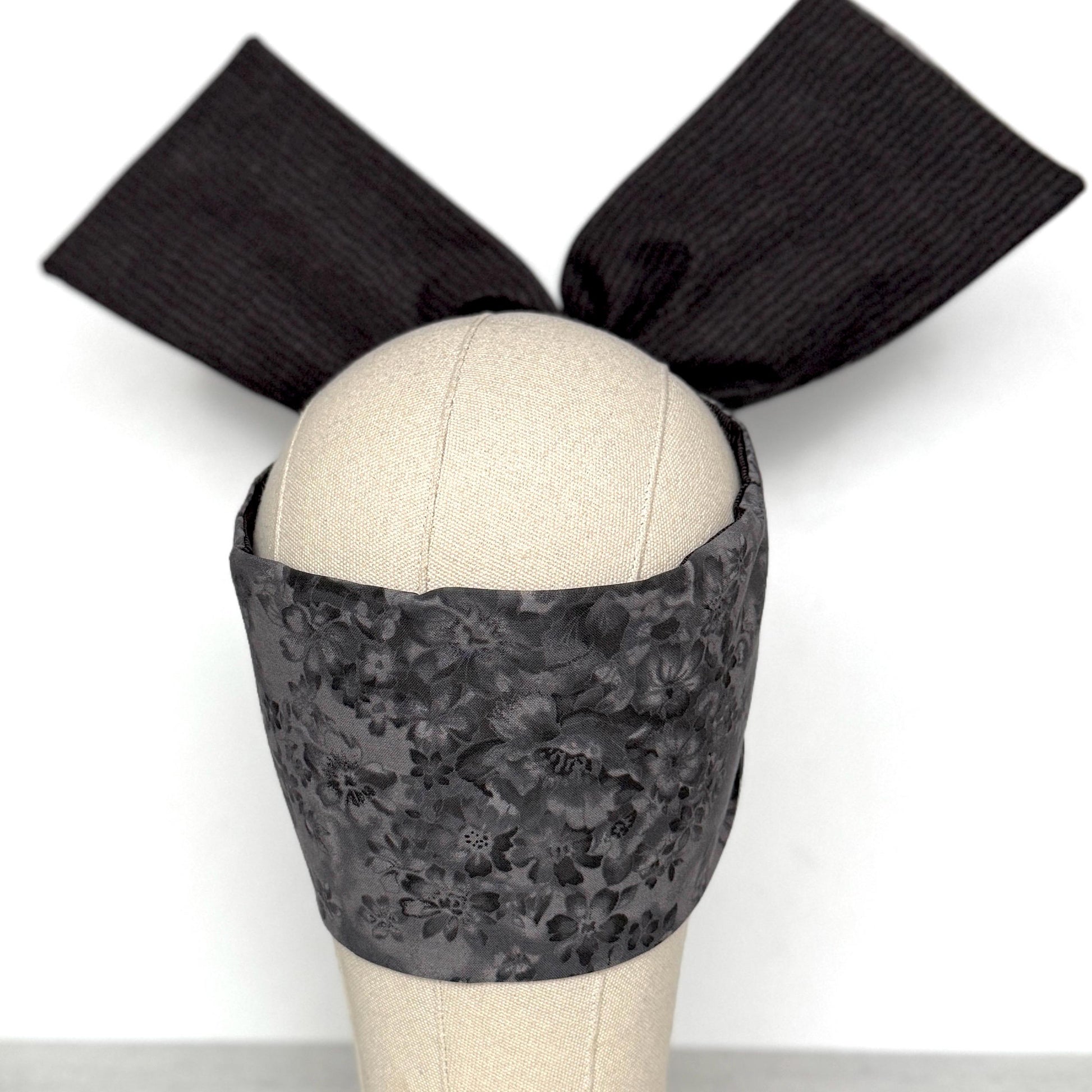 Extra Wide Reversible BENDABLE Wire Headband, Elegant Black Grey Floral Print, Winter Wired Head Wrap, Turban Accessories, Head Scarf