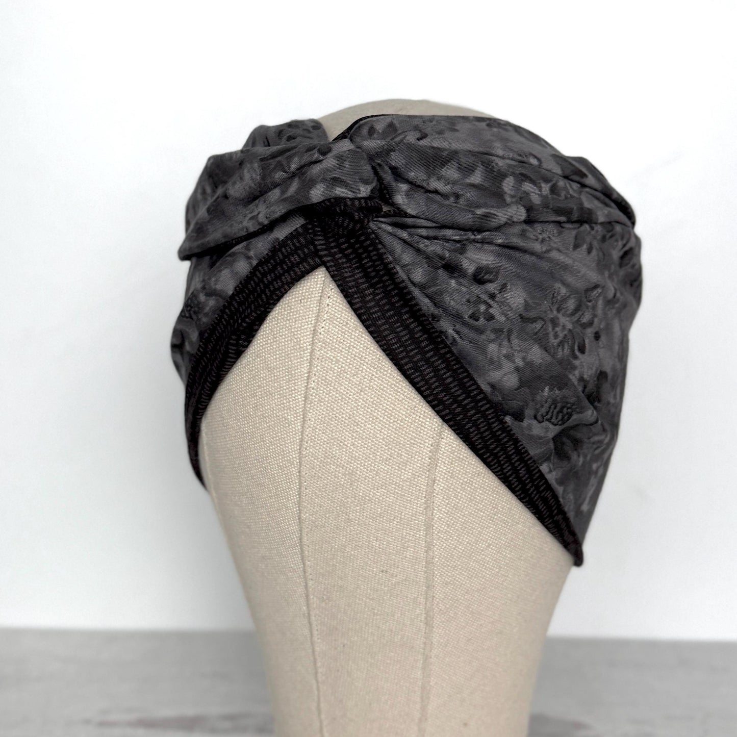 Extra Wide Reversible BENDABLE Wire Headband, Elegant Black Grey Floral Print, Winter Wired Head Wrap, Turban Accessories, Head Scarf