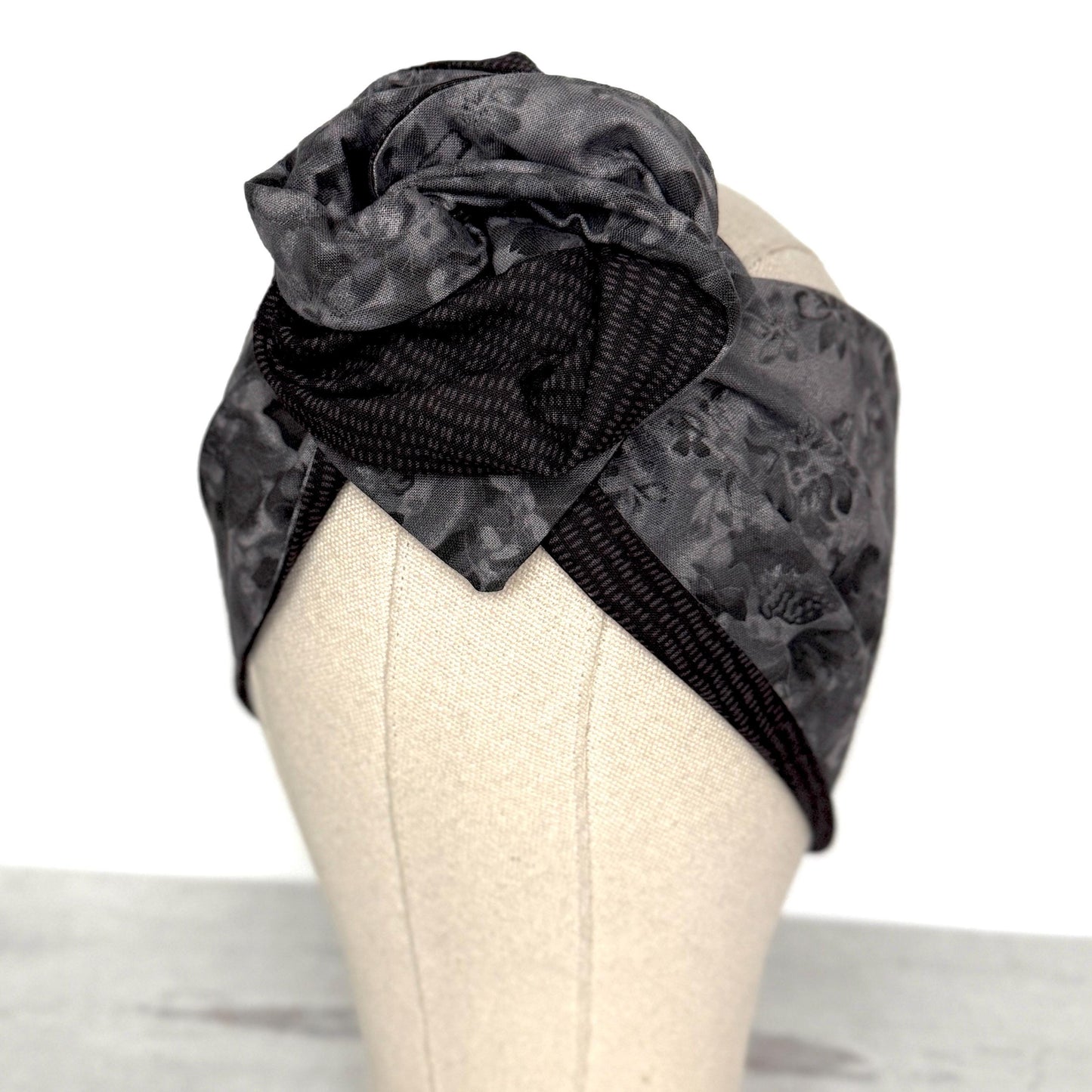 Extra Wide Reversible BENDABLE Wire Headband, Elegant Black Grey Floral Print, Winter Wired Head Wrap, Turban Accessories, Head Scarf