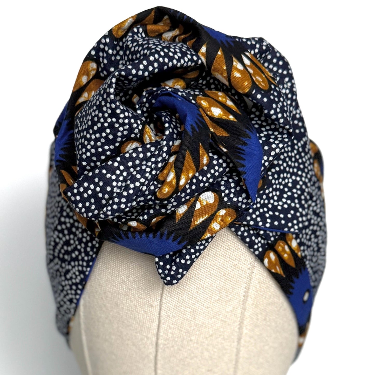 Extra Long Wide Adjustable Wire Wrap Navy White Brown Ankara Print Headband, Wired Tribal African Fabric Head Wrap, Accessories, Turban