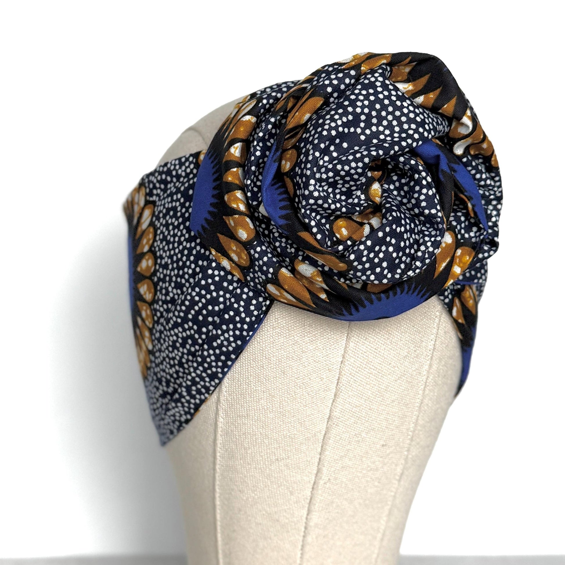 Extra Long Wide Adjustable Wire Wrap Navy White Brown Ankara Print Headband, Wired Tribal African Fabric Head Wrap, Accessories, Turban