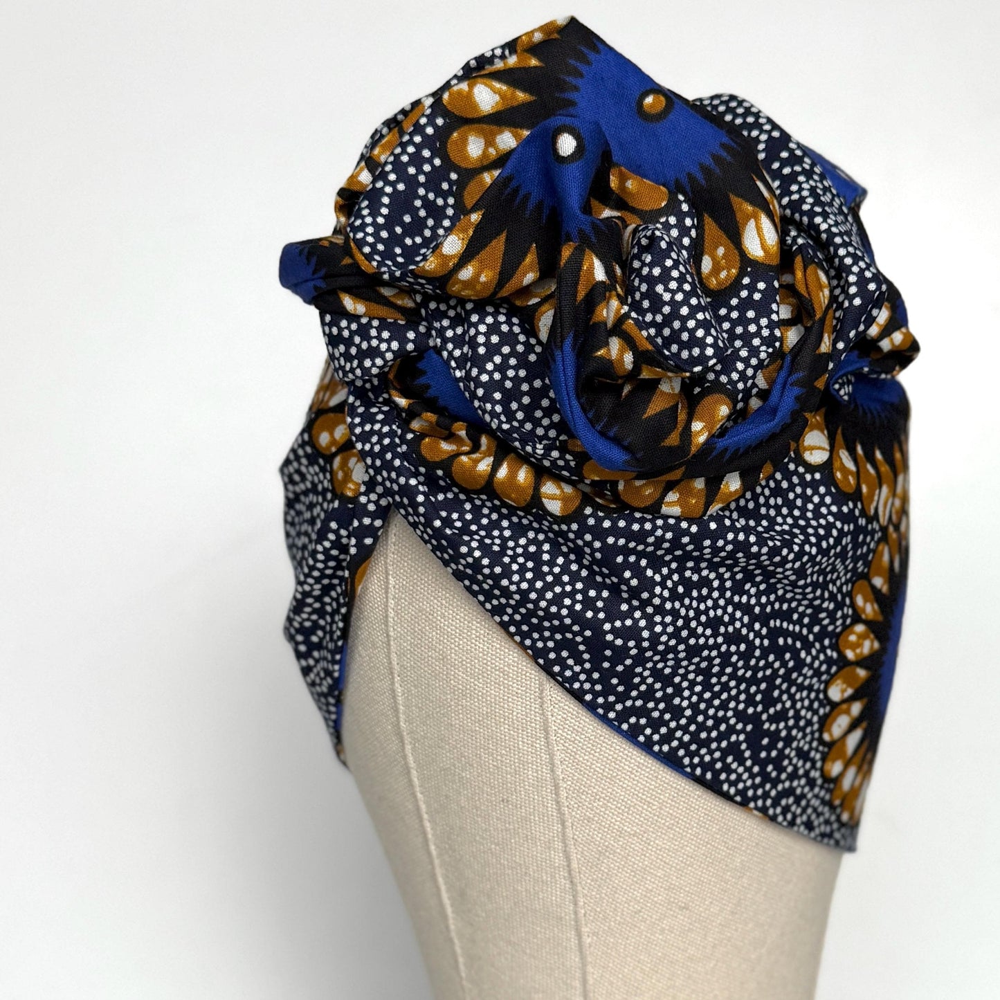 Extra Long Wide Adjustable Wire Wrap Navy White Brown Ankara Print Headband, Wired Tribal African Fabric Head Wrap, Accessories, Turban