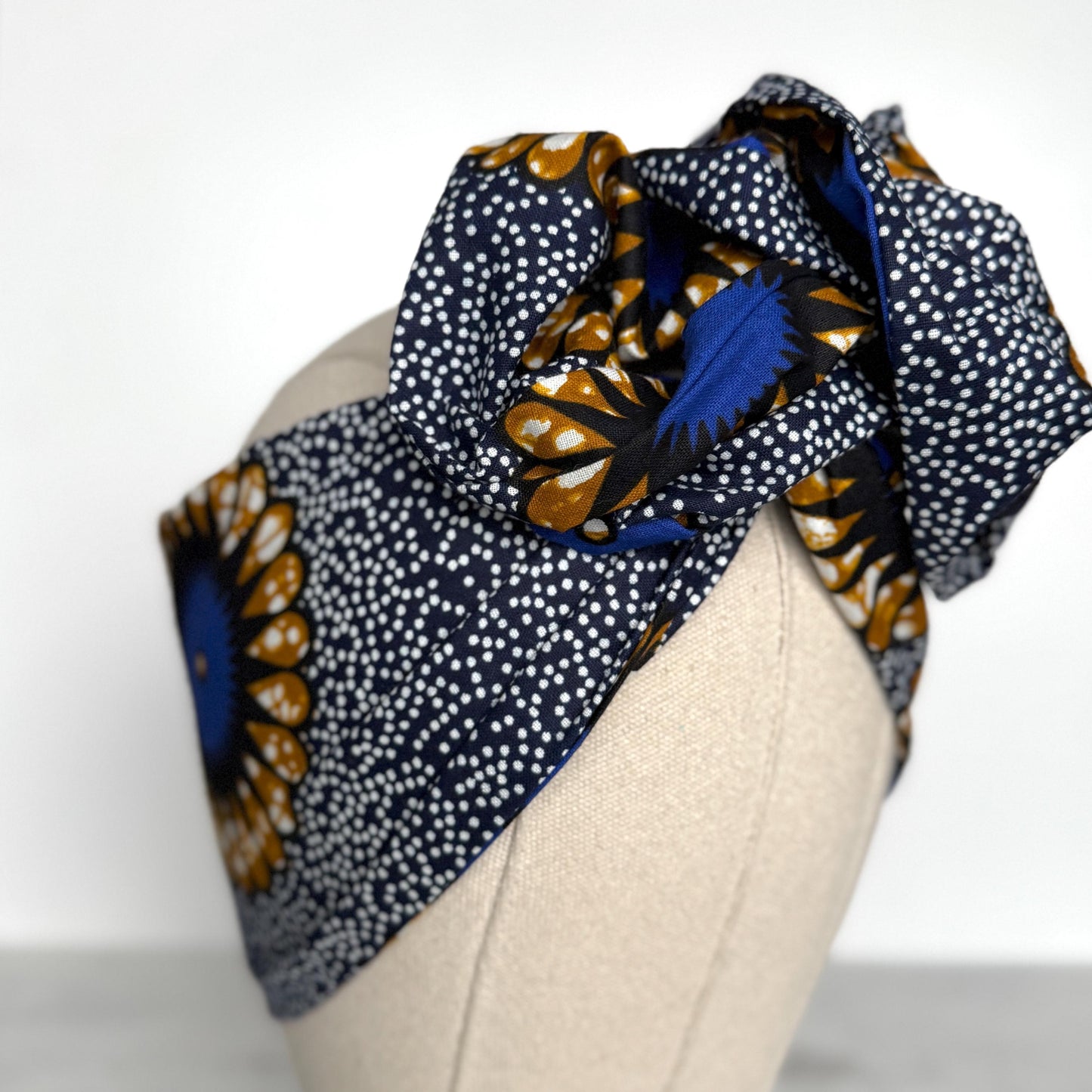 Extra Long Wide Adjustable Wire Wrap Navy White Brown Ankara Print Headband, Wired Tribal African Fabric Head Wrap, Accessories, Turban