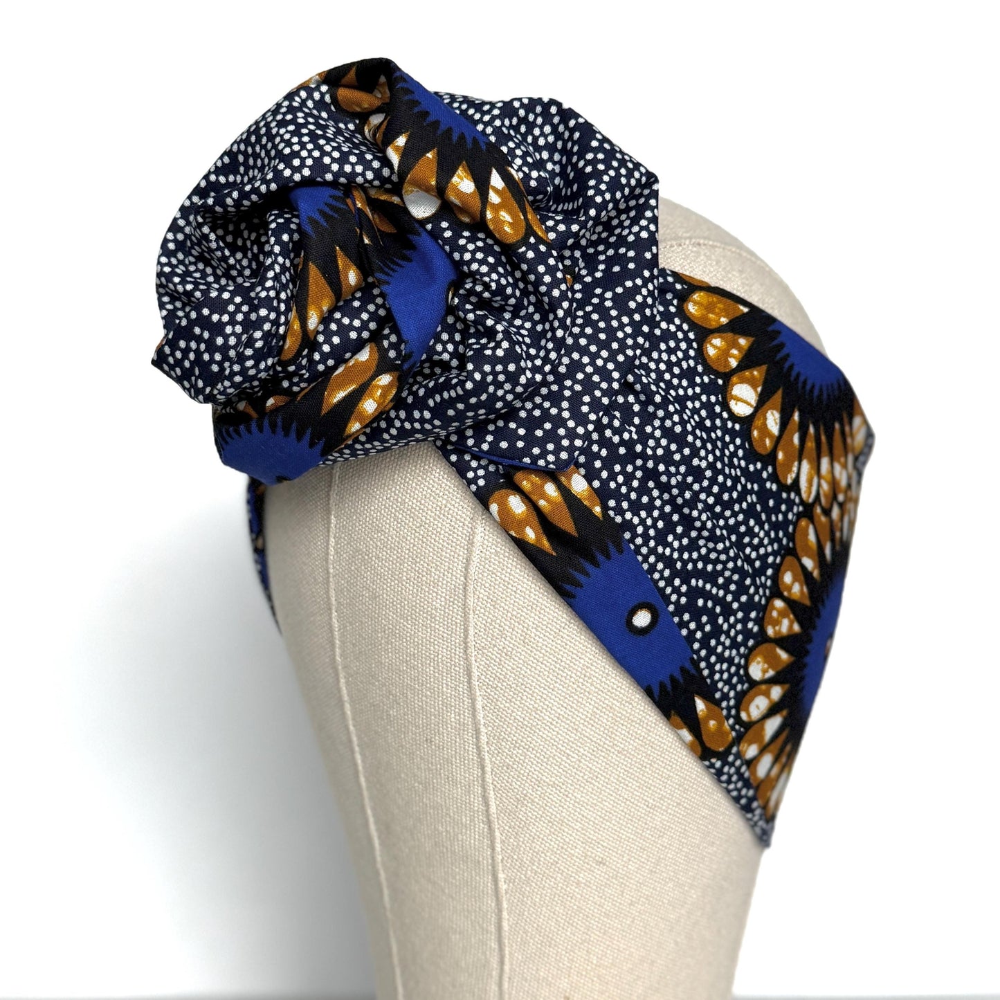 Extra Long Wide Adjustable Wire Wrap Navy White Brown Ankara Print Headband, Wired Tribal African Fabric Head Wrap, Accessories, Turban