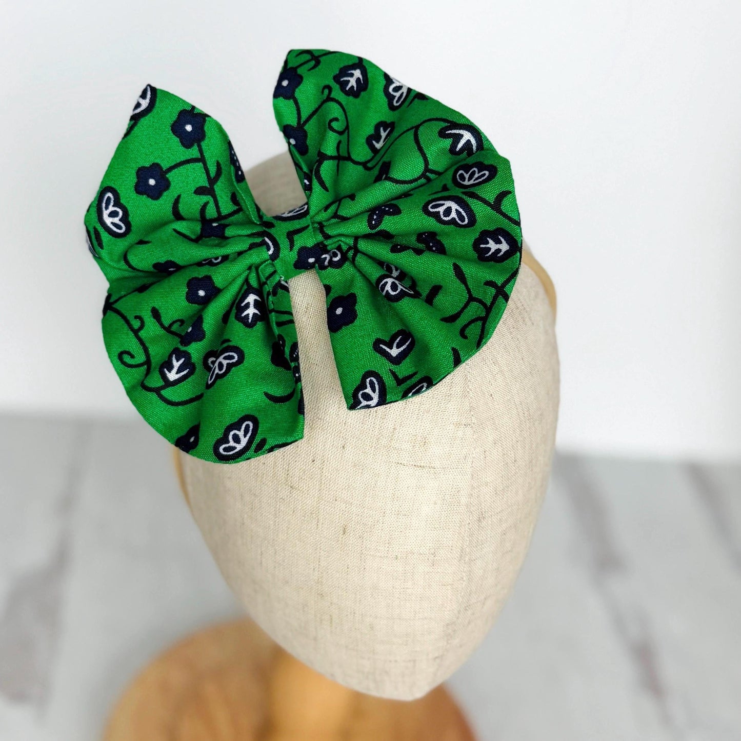 Large Pinwheel Hair Bow, Statement Bow, Green Blue Floral African Ankara Print Hair Clip, Barrette Hair Piece For Girls