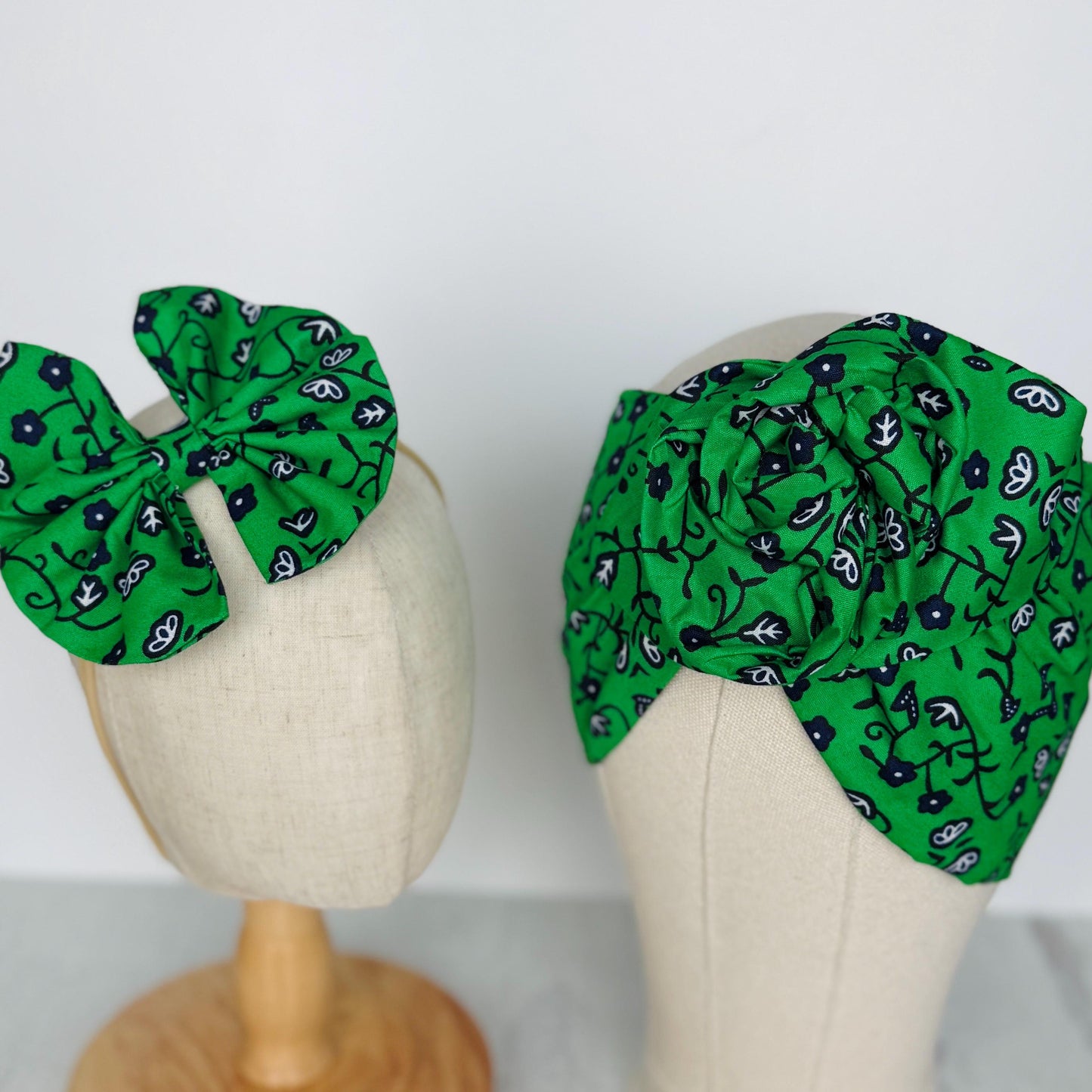 Mommy and Me Extra Wide Wire Headwrap, Green Blue Floral Print African Ankara Fabric Headband, Statement Bow, Wired Head Wrap, Hair Clip