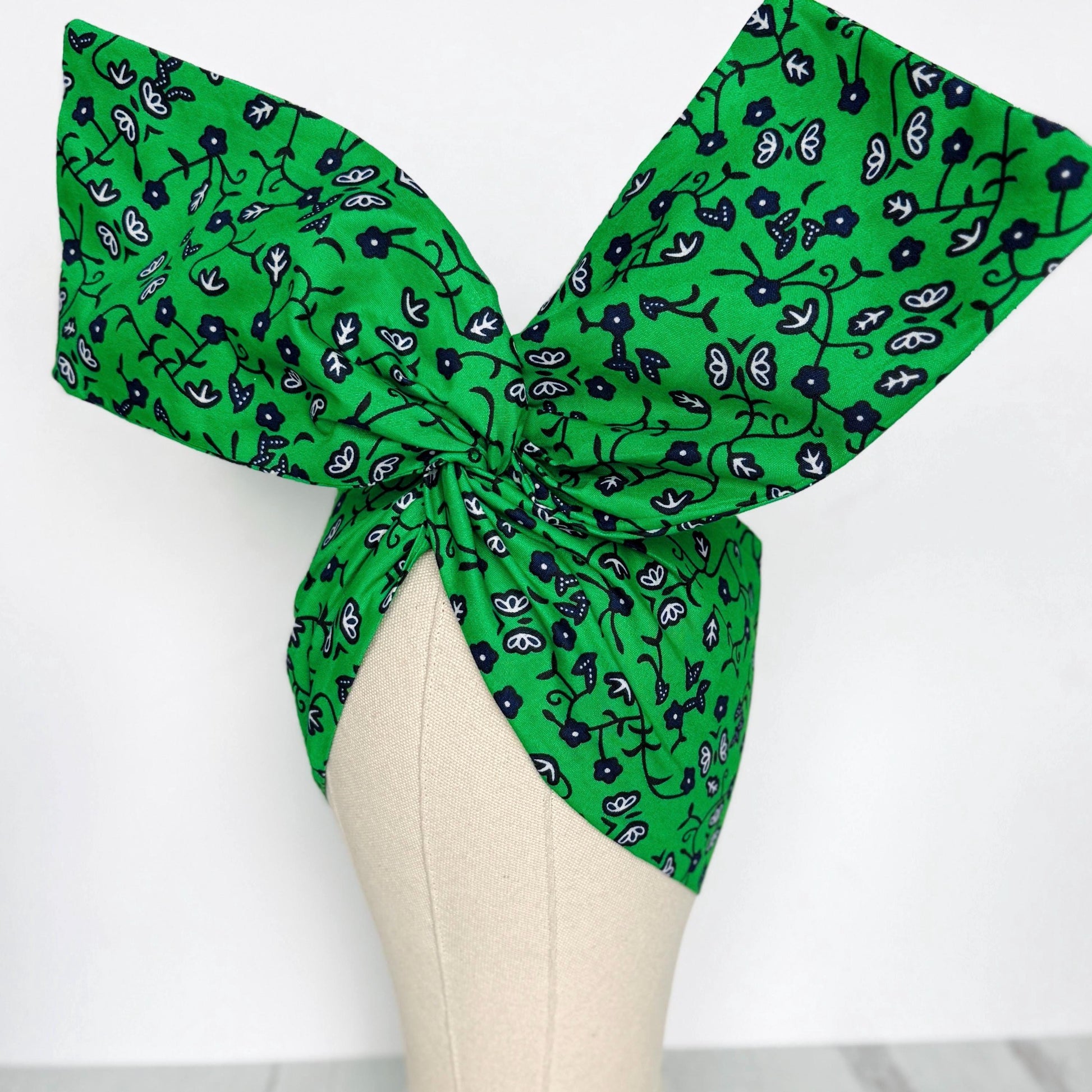 Mommy and Me Extra Wide Wire Headwrap, Green Blue Floral Print African Ankara Fabric Headband, Statement Bow, Wired Head Wrap, Hair Clip