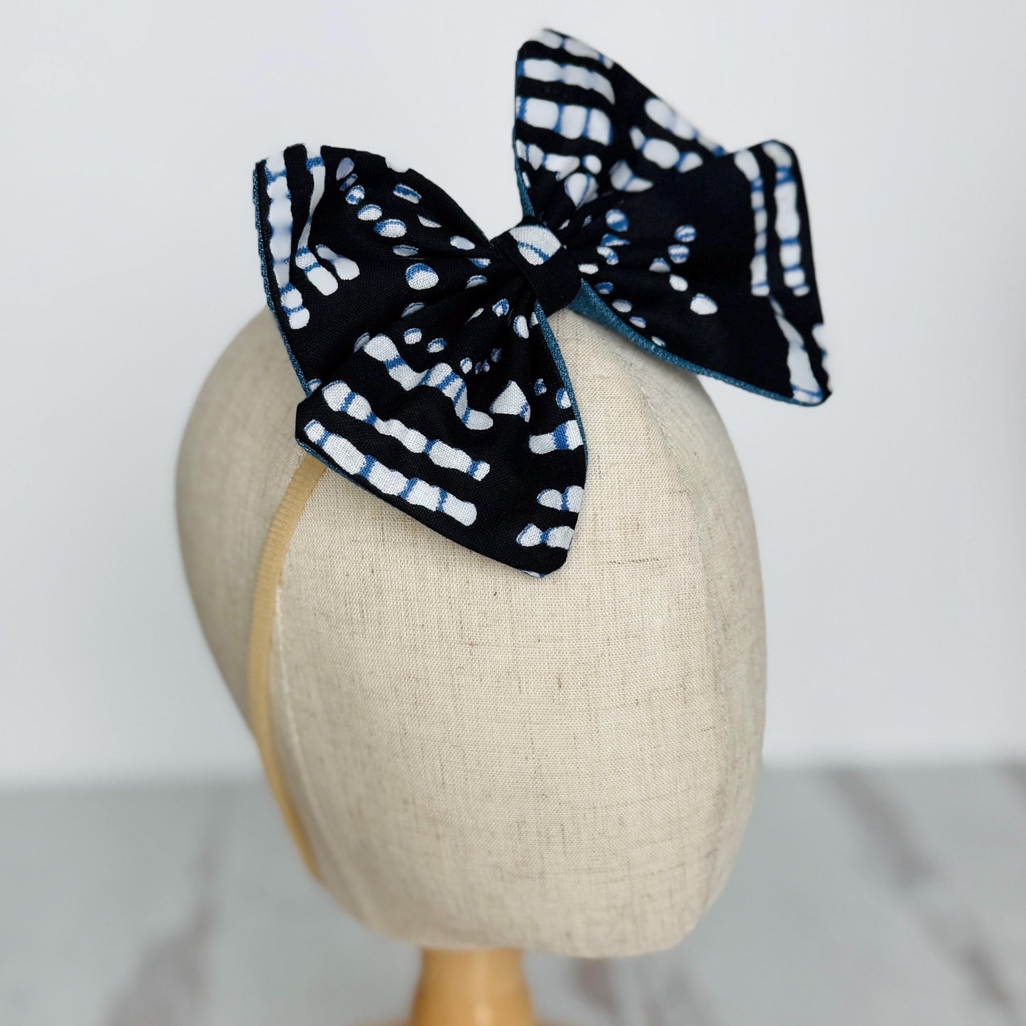 Large Pinwheel Hair Bow, Statement Bow, Black Blue White Tribal Print Denim Hair Bow, Barrette Hair Piece For Girls