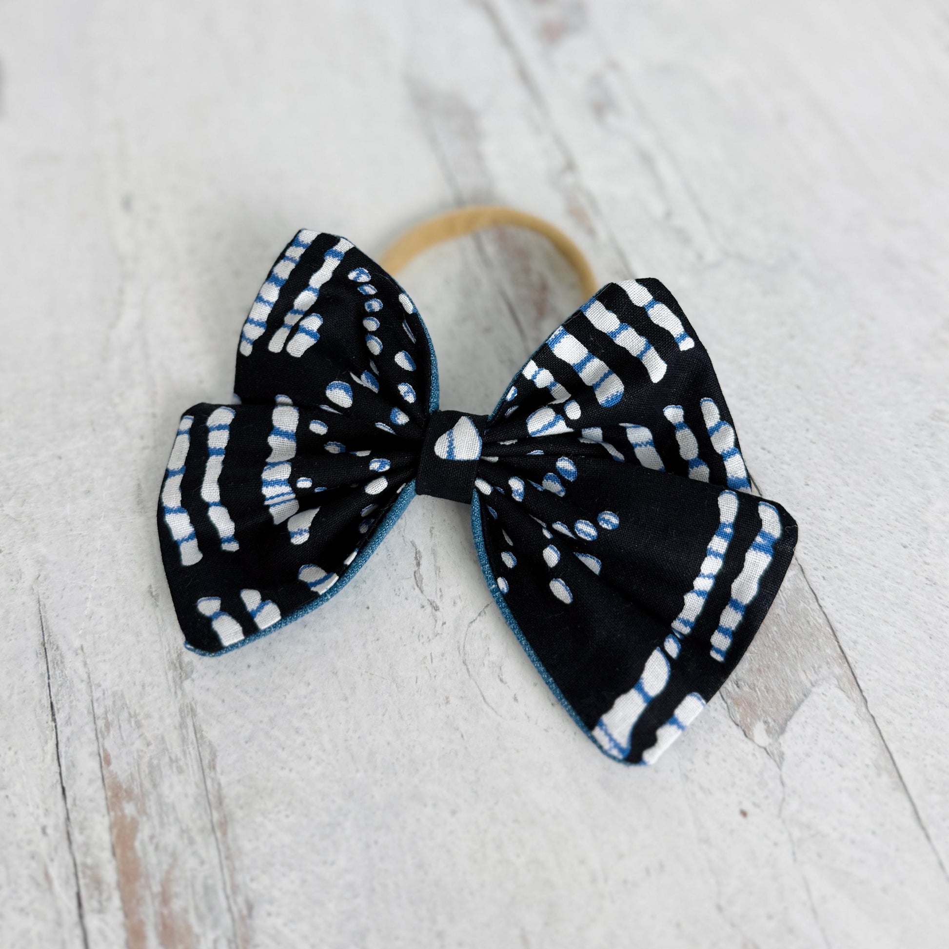 Large Pinwheel Hair Bow, Statement Bow, Black Blue White Tribal Print Denim Hair Bow, Barrette Hair Piece For Girls