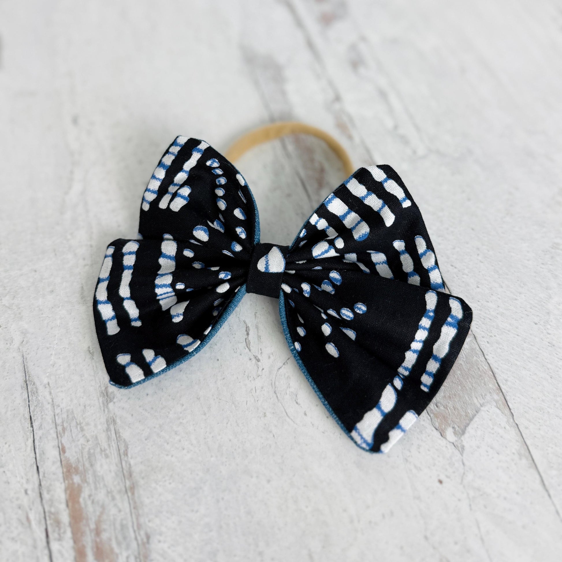 Large Pinwheel Hair Bow, Statement Bow, Black Blue White Tribal Print Denim Hair Bow, Barrette Hair Piece For Girls
