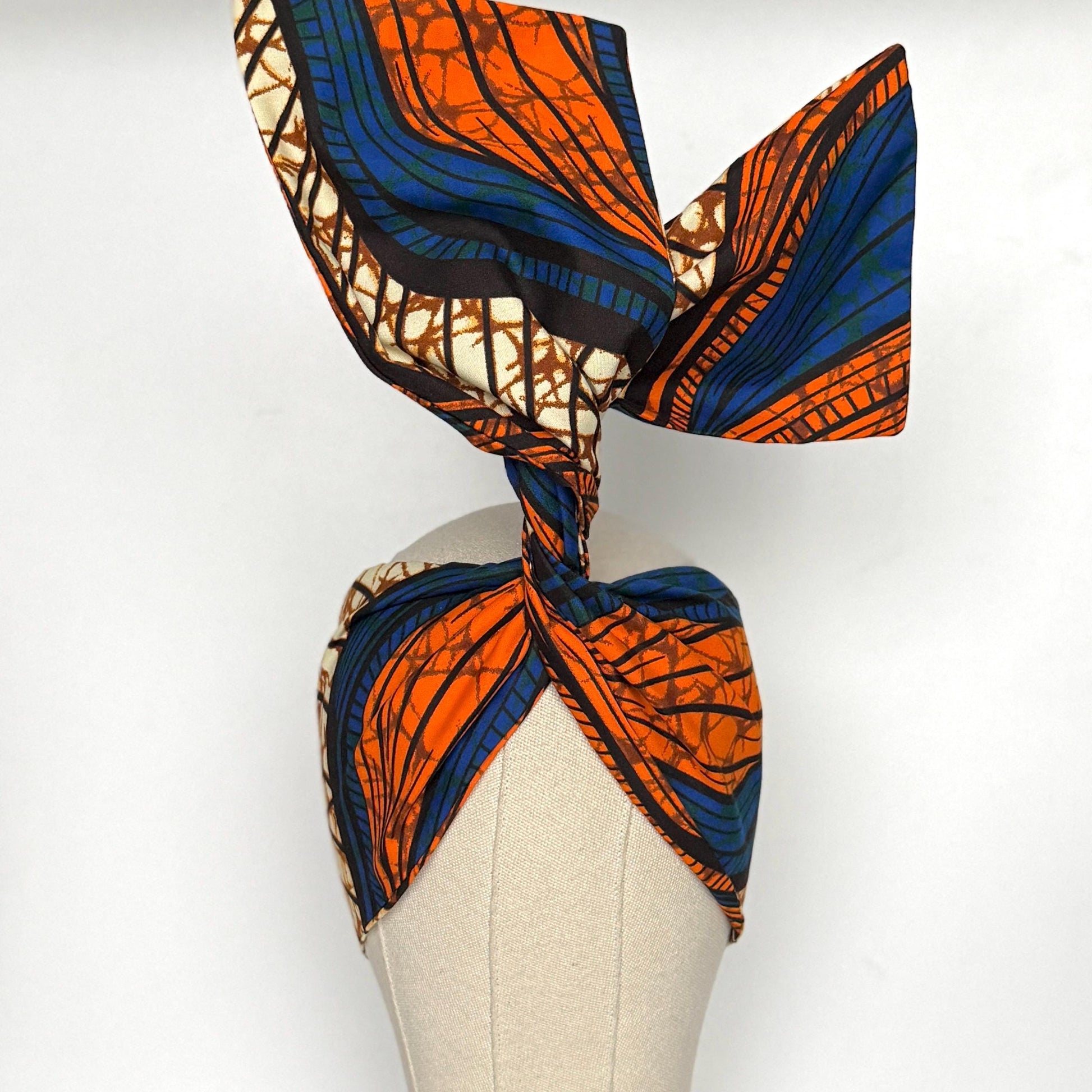 Extra Wide Adjustable Wire Wrap, Ankara Wired Headband, Blue Orange African Fabric Head Wrap, Ankara Afro Boho Turban