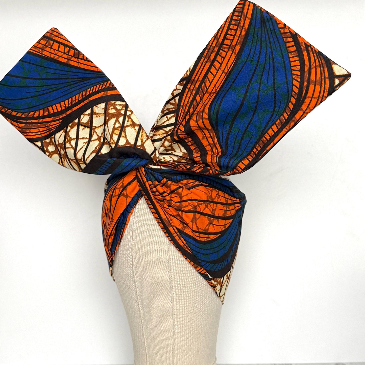 Extra Wide Adjustable Wire Wrap, Ankara Wired Headband, Blue Orange African Fabric Head Wrap, Ankara Afro Boho Turban