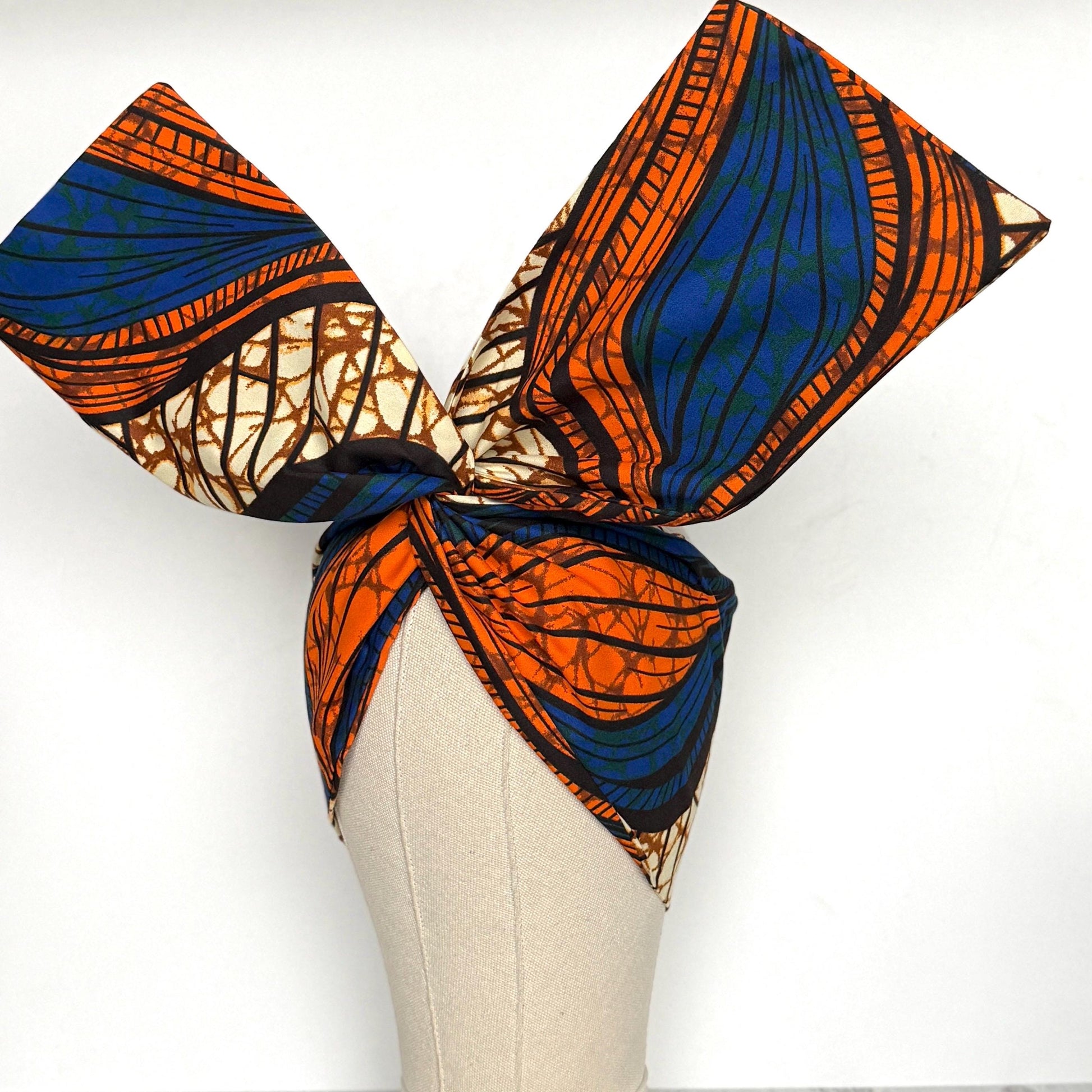 Extra Wide Adjustable Wire Wrap, Ankara Wired Headband, Blue Orange African Fabric Head Wrap, Ankara Afro Boho Turban
