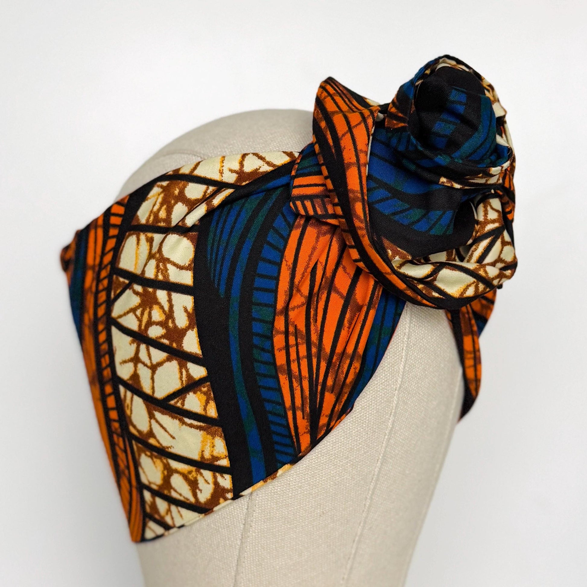 Extra Wide Adjustable Wire Wrap, Ankara Wired Headband, Blue Orange African Fabric Head Wrap, Ankara Afro Boho Turban
