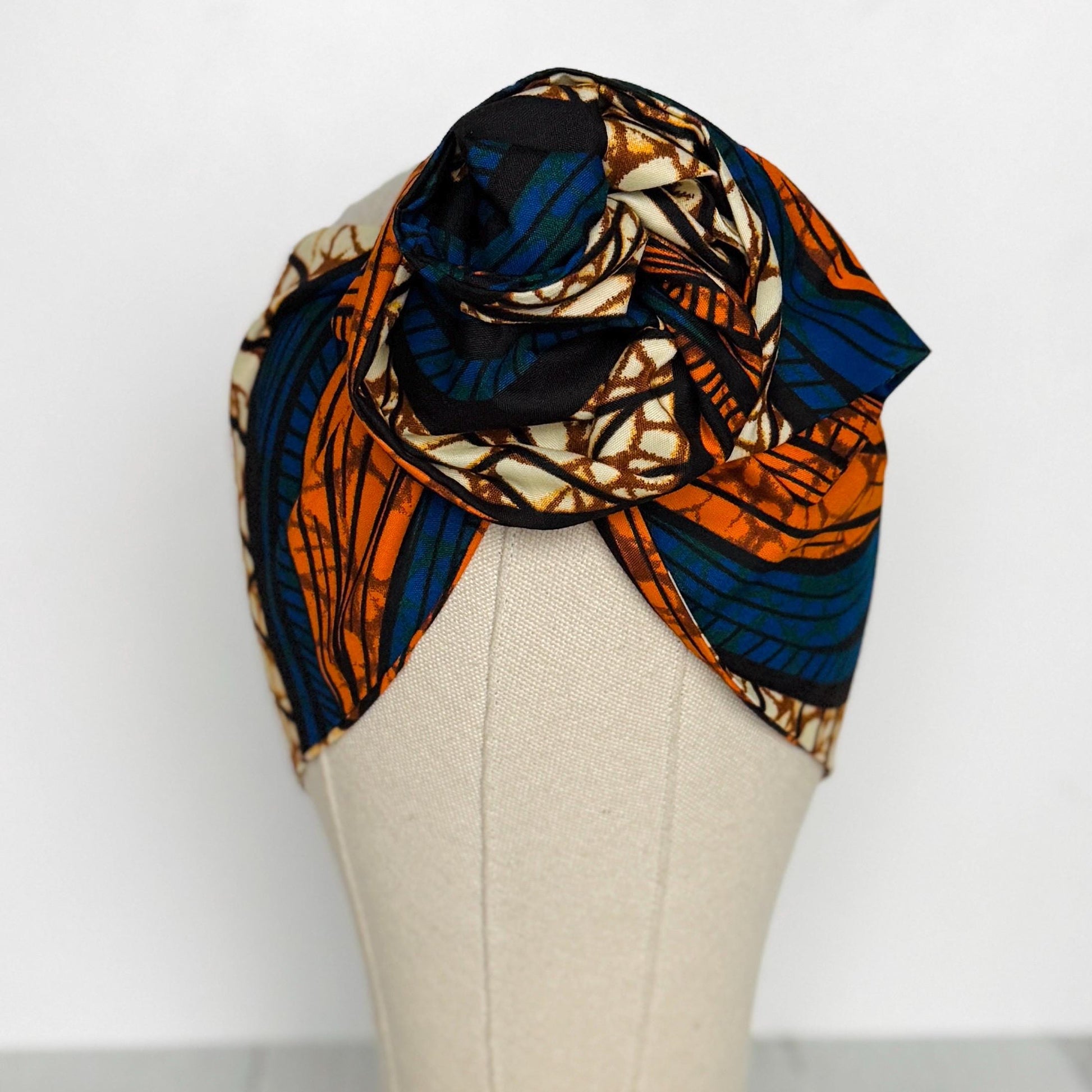 Extra Wide Adjustable Wire Wrap, Ankara Wired Headband, Blue Orange African Fabric Head Wrap, Ankara Afro Boho Turban