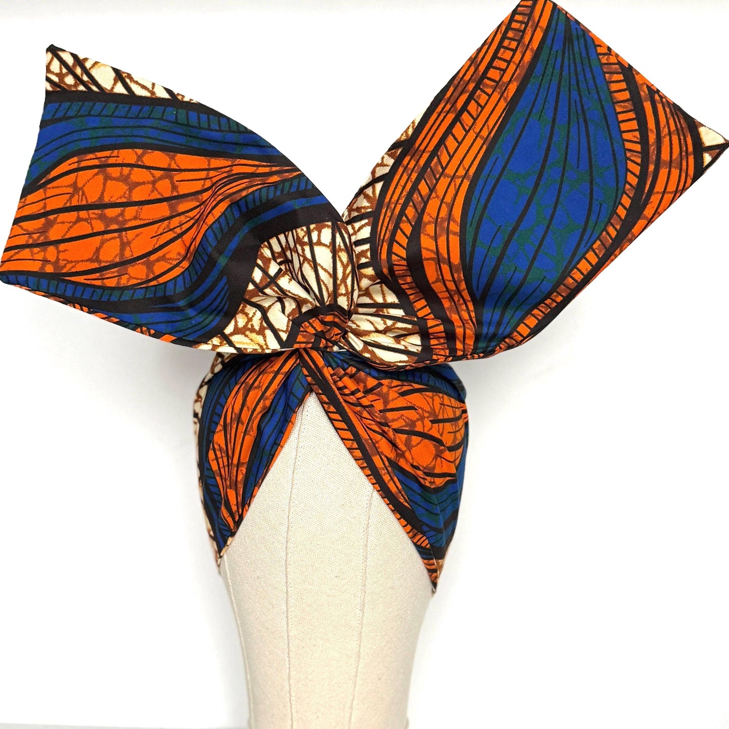 Extra Wide Adjustable Wire Wrap, Ankara Wired Headband, Blue Orange African Fabric Head Wrap, Ankara Afro Boho Turban
