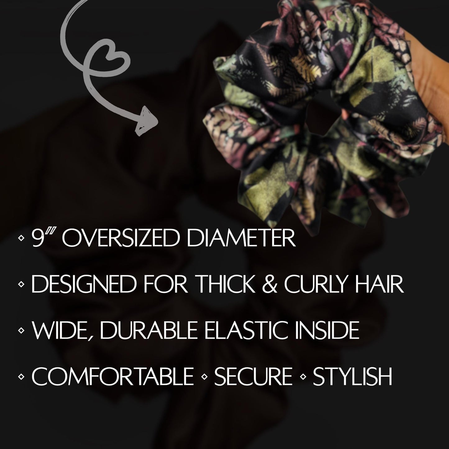 Oversized Silk Scrunchie, Jumbo Elastic Hair Tie, Black Boho Floral Print Statement Hair Accessories, Barrette