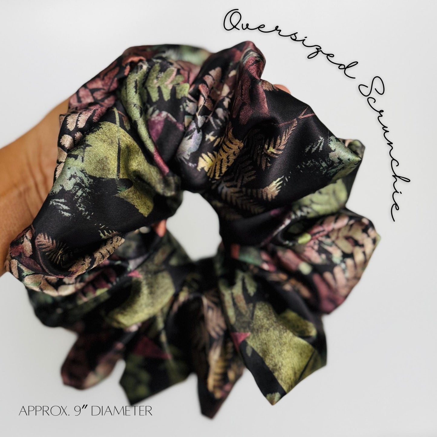 Oversized Silk Scrunchie, Jumbo Elastic Hair Tie, Black Boho Floral Print Statement Hair Accessories, Barrette
