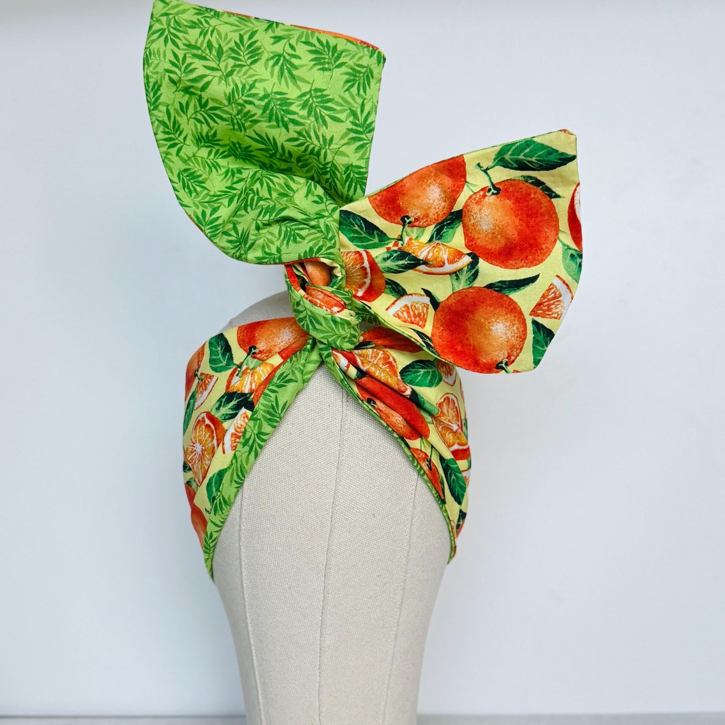 Extra Wide Reversible Adjustable Wire Headband, Tropical Orange Lime Green Floral Print, Wired Head Wrap, Vacation Head Wrap BendableTurban