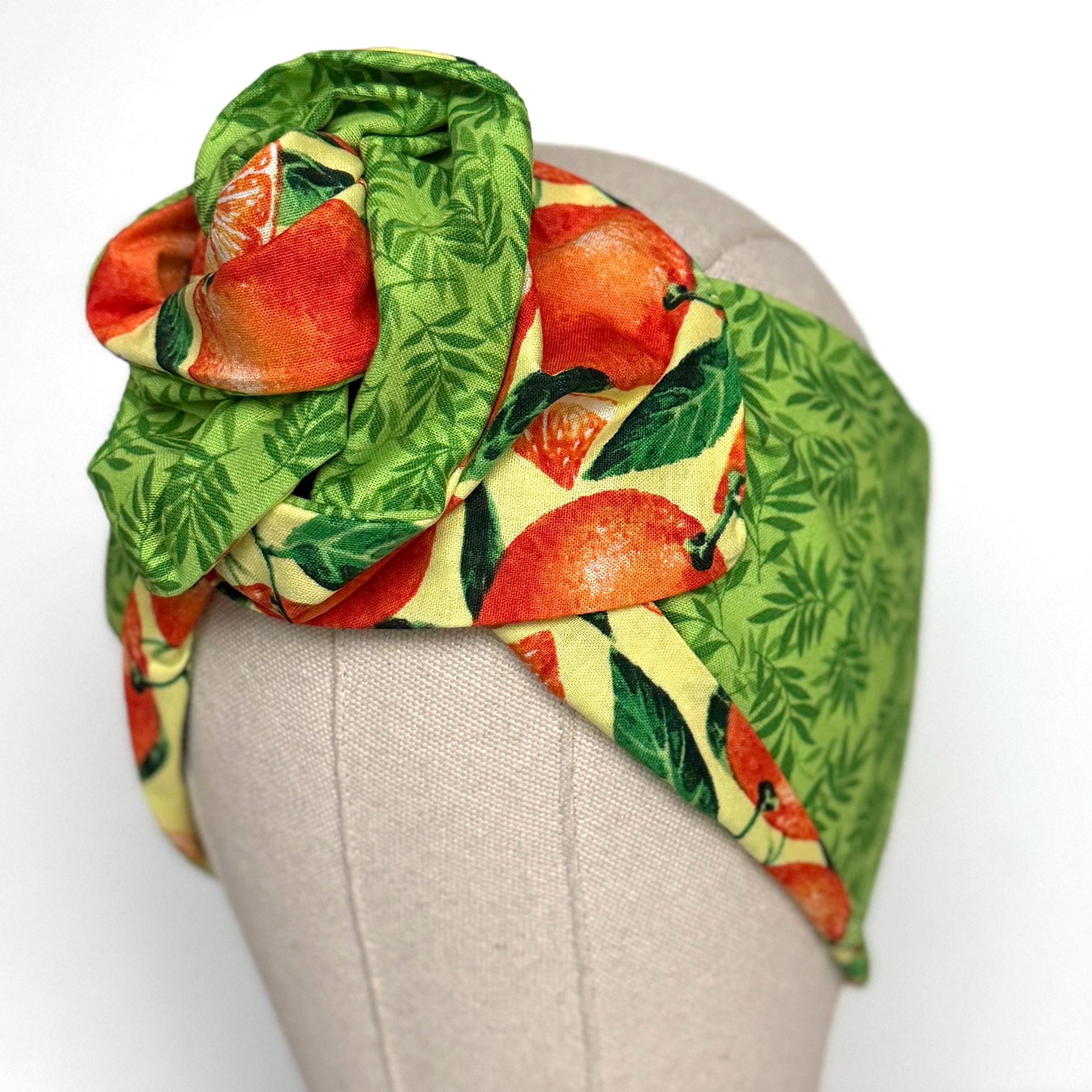 Extra Wide Reversible Adjustable Wire Headband, Tropical Orange Lime Green Floral Print, Wired Head Wrap, Vacation Head Wrap BendableTurban